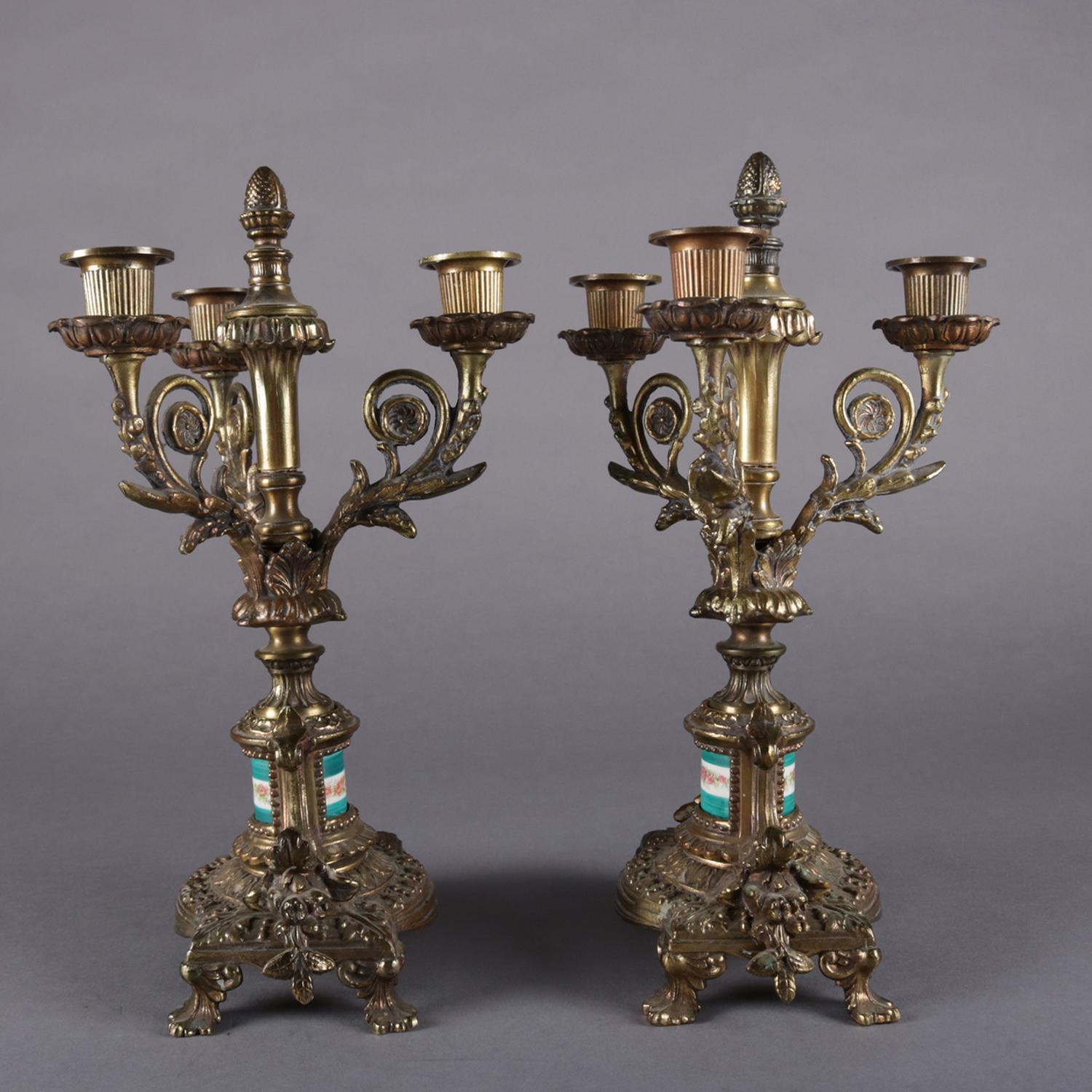 French Louis XIV Style Bronzed Candelabra with Sevres School Porcelain In Good Condition In Big Flats, NY