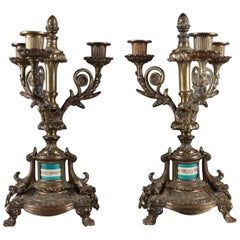 French Louis XIV Style Bronzed Candelabra with Sevres School Porcelain