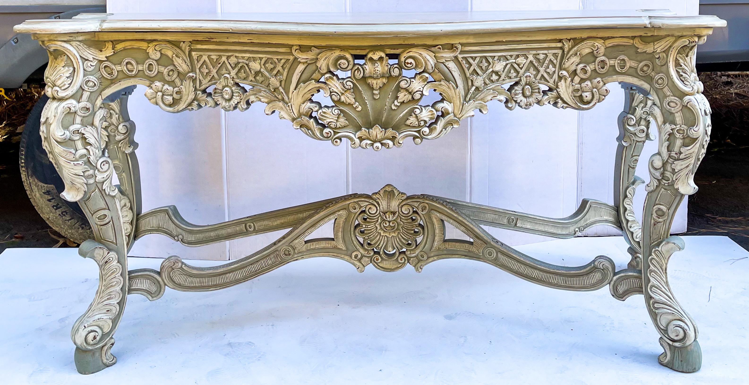 French Louis XIV Style Carved and Custom Painted Console Table In Good Condition For Sale In Kennesaw, GA