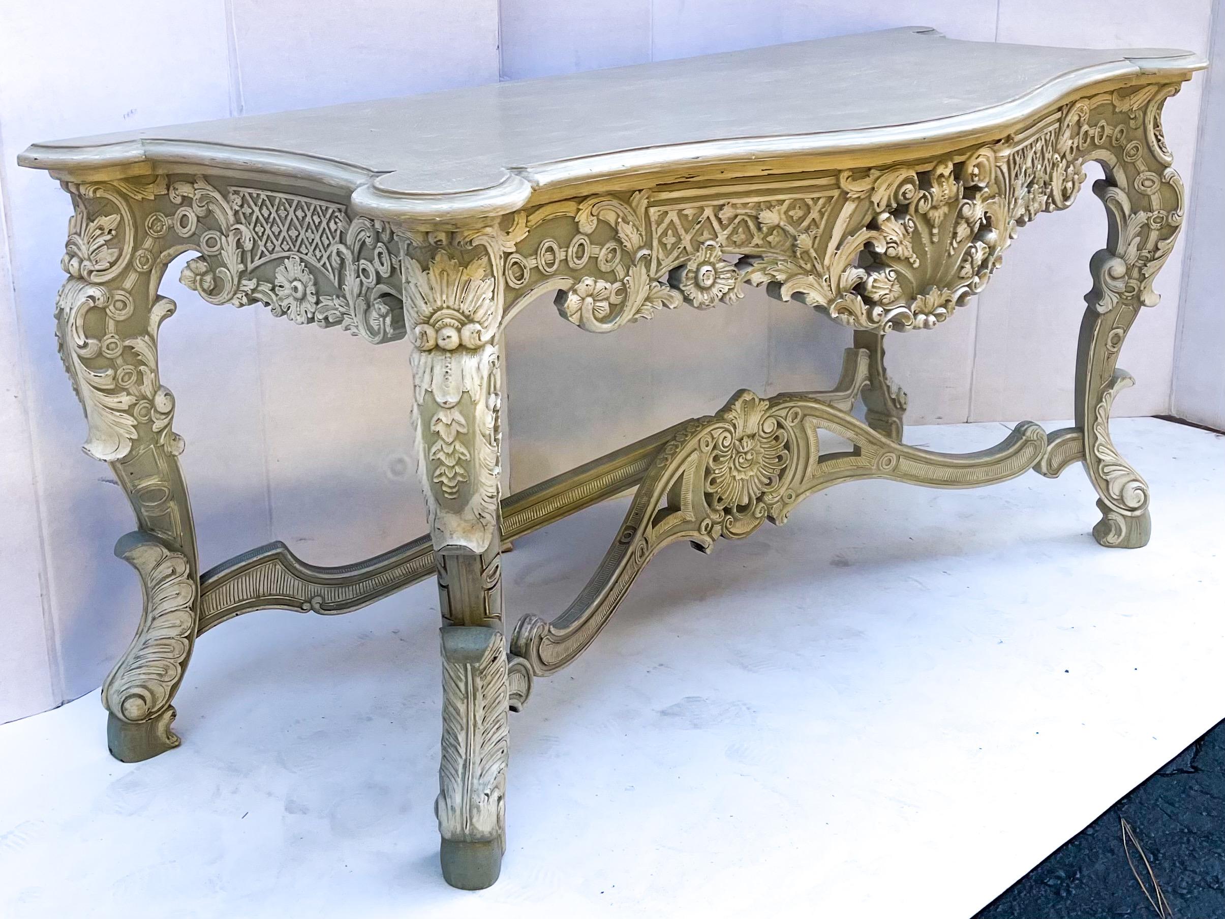 20th Century French Louis XIV Style Carved and Custom Painted Console Table For Sale