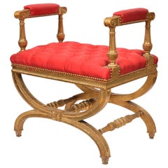 Antique French Louis XIV Style Carved Curule Gilt Wood Bench with Red Upholstery