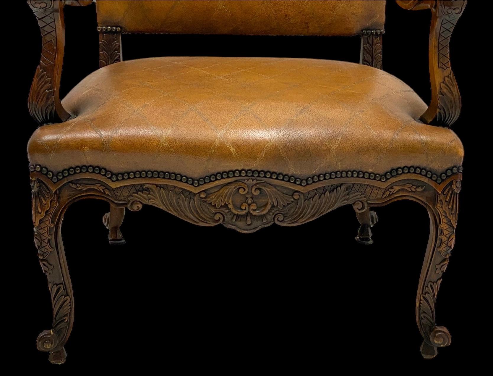 French Louis XIV Style Carved Fruitwood And Leather Bergere / Arm Chair  In Good Condition For Sale In Kennesaw, GA
