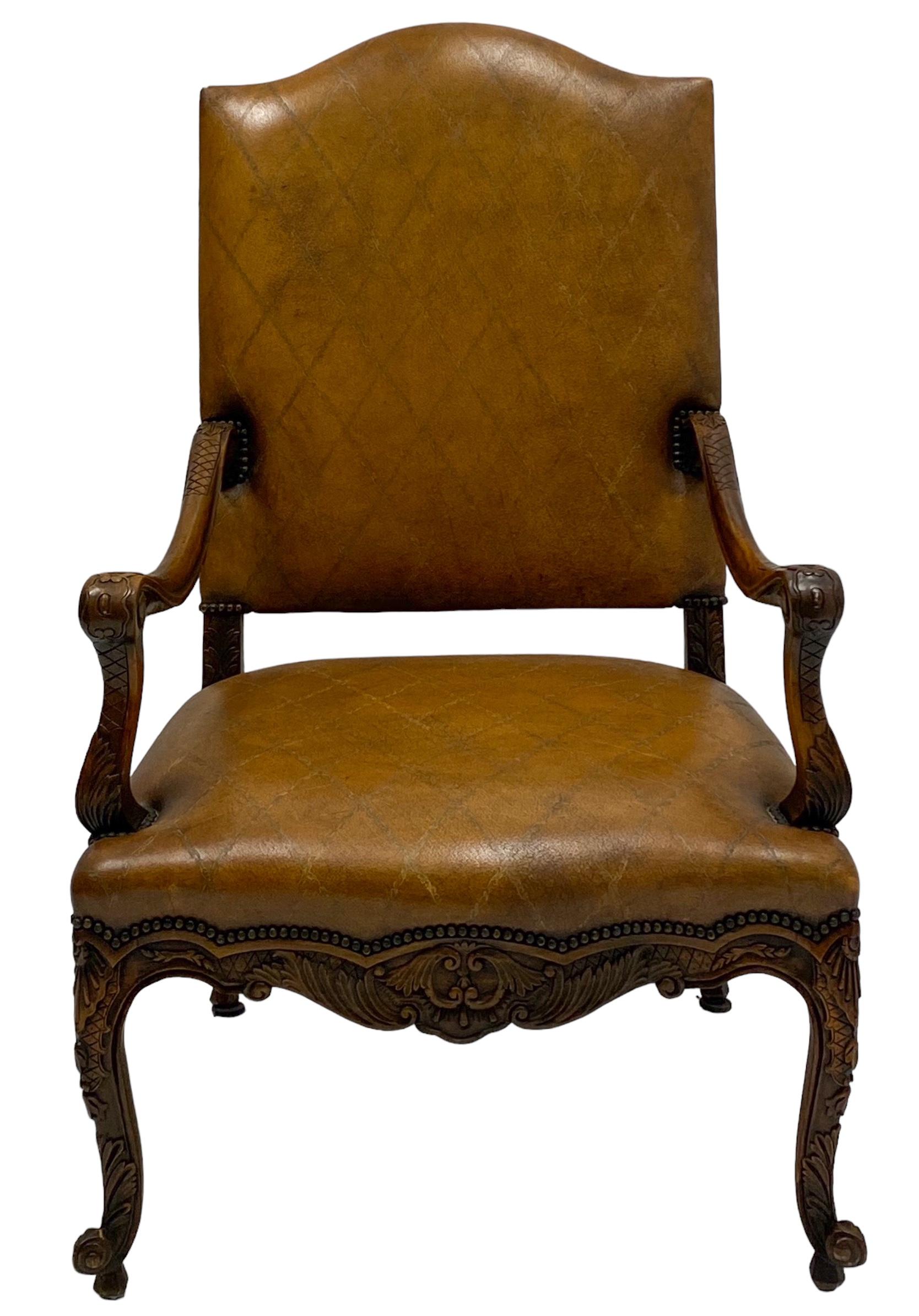 20th Century French Louis XIV Style Carved Fruitwood And Leather Bergere / Arm Chair  For Sale