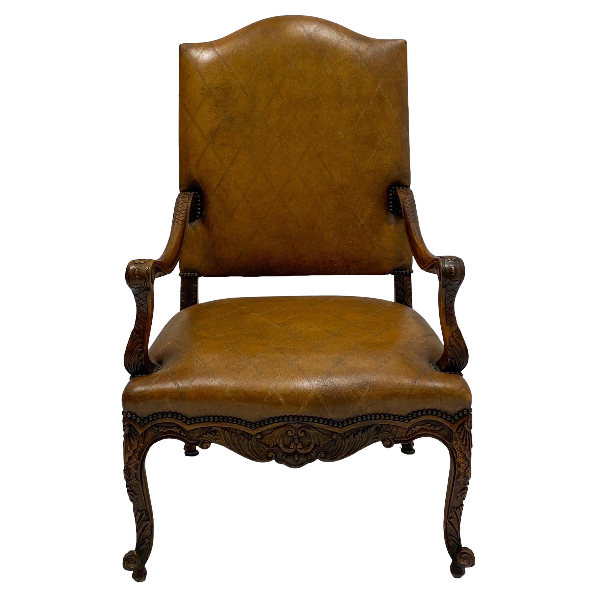 French Louis XIV Style Carved Fruitwood And Leather Bergere / Arm Chair  For Sale