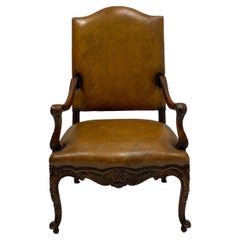 French Louis XIV Style Carved Fruitwood And Leather Bergere / Arm Chair 