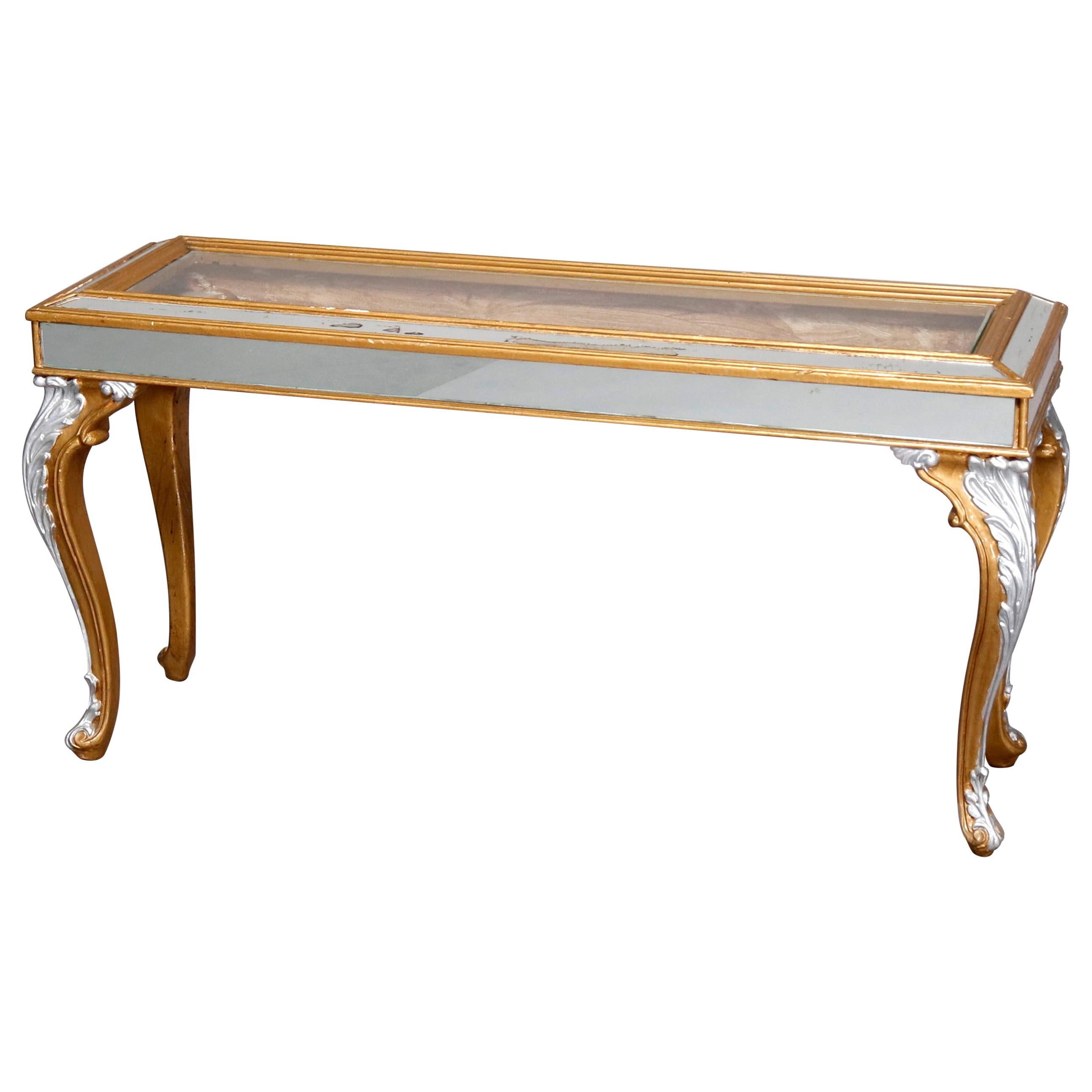 French Louis XIV Style Carved Giltwood & Mirrored Glass Top Sofa Table