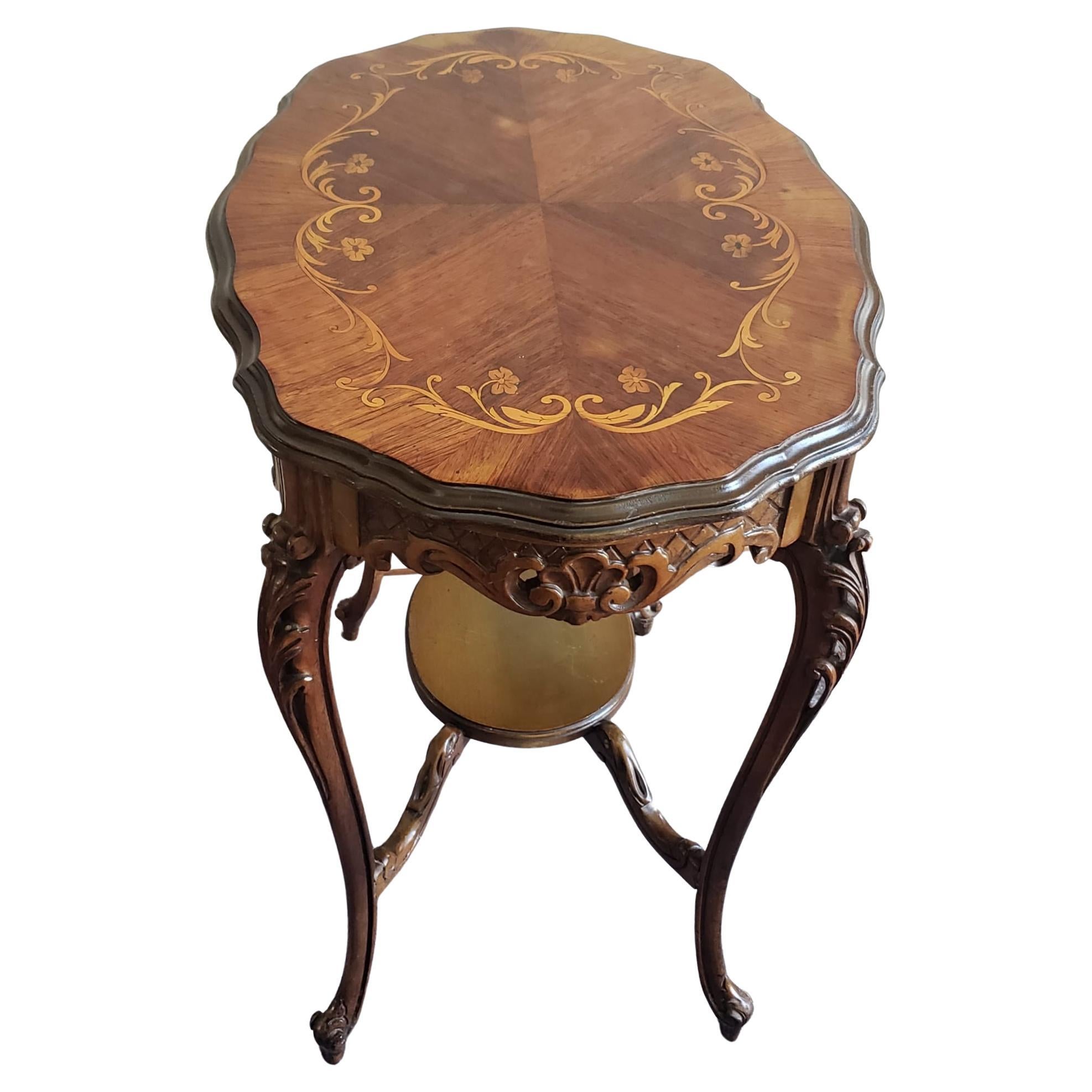 French Louis XIV Style Carved Mixed Marquetry Fruitwood Side Table.  Measures 19.5