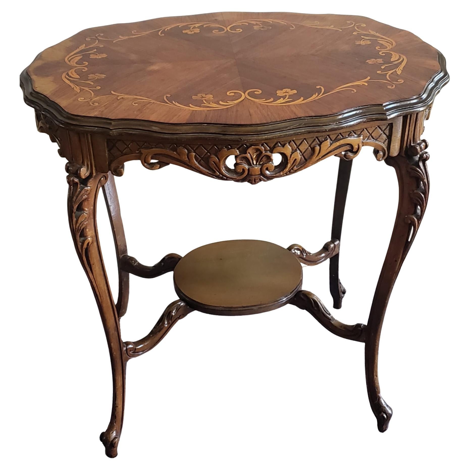 French Louis XIV Style Carved Mixed Marquetry Fruitwood Side Table For Sale
