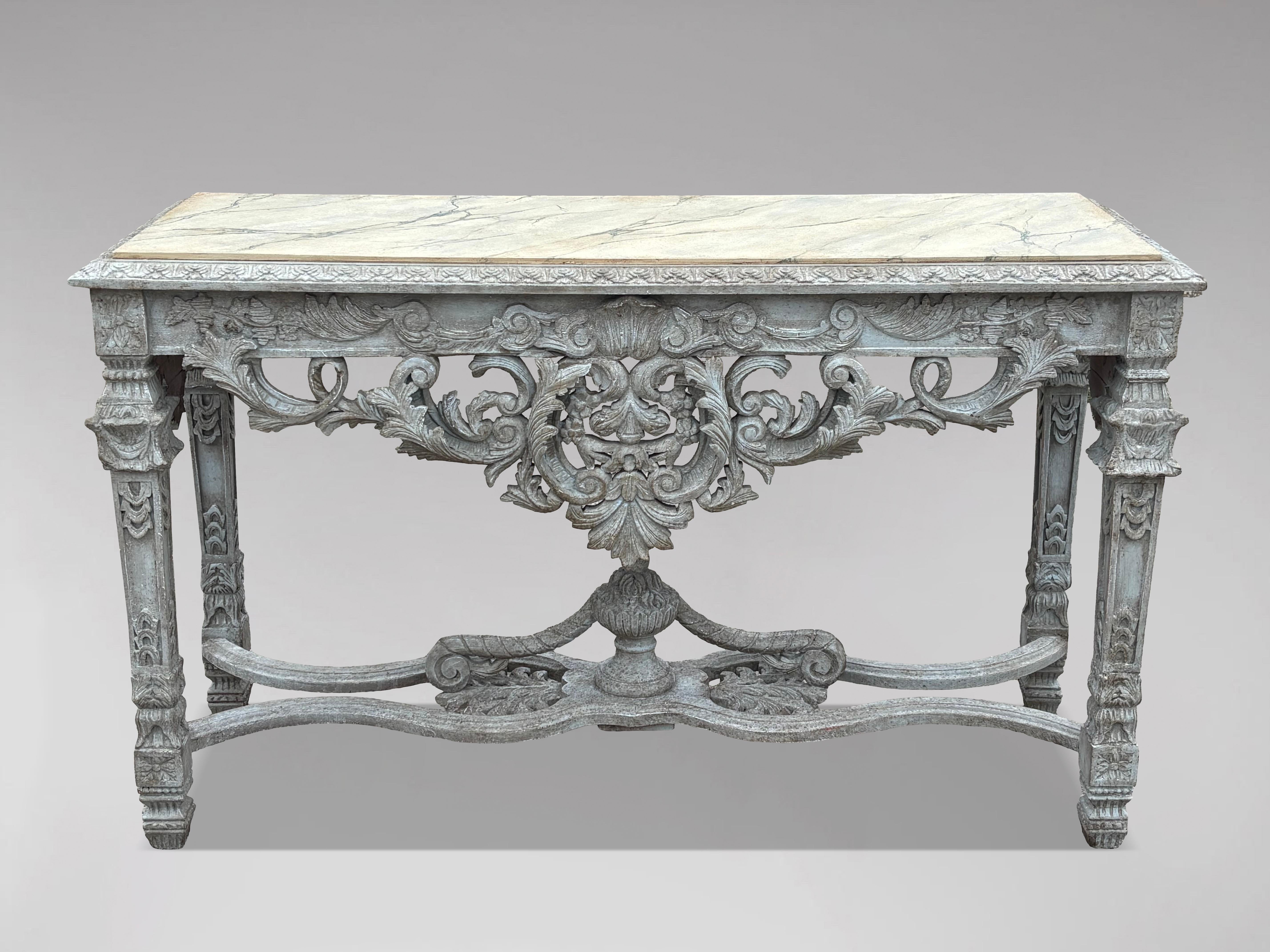 Hand-Carved French Louis XIV Style Carved Painted Console Table For Sale