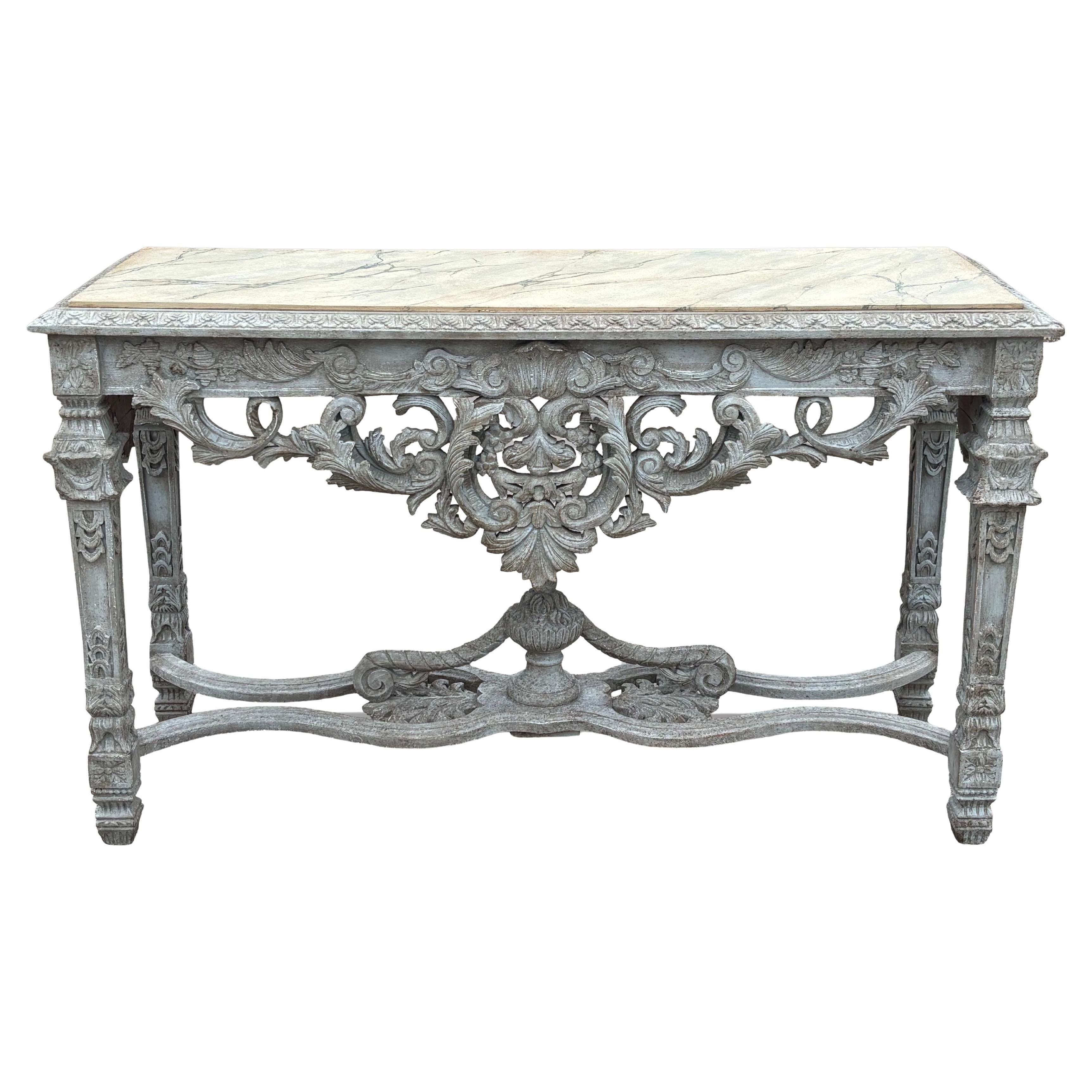 French Louis XIV Style Carved Painted Console Table
