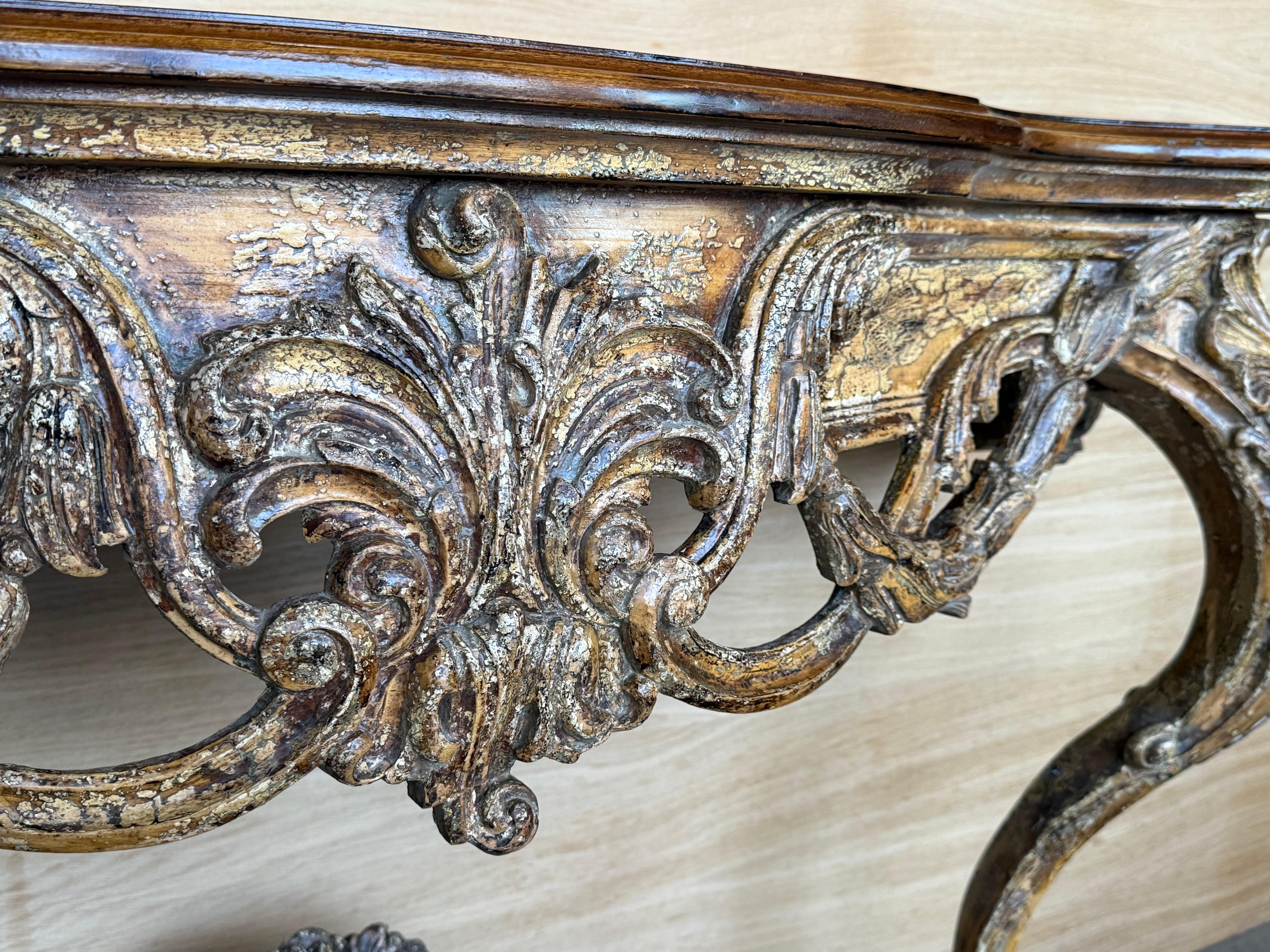 French Louis XIV Style Carved Painted Wall Mounted Console Table with wood top For Sale 3