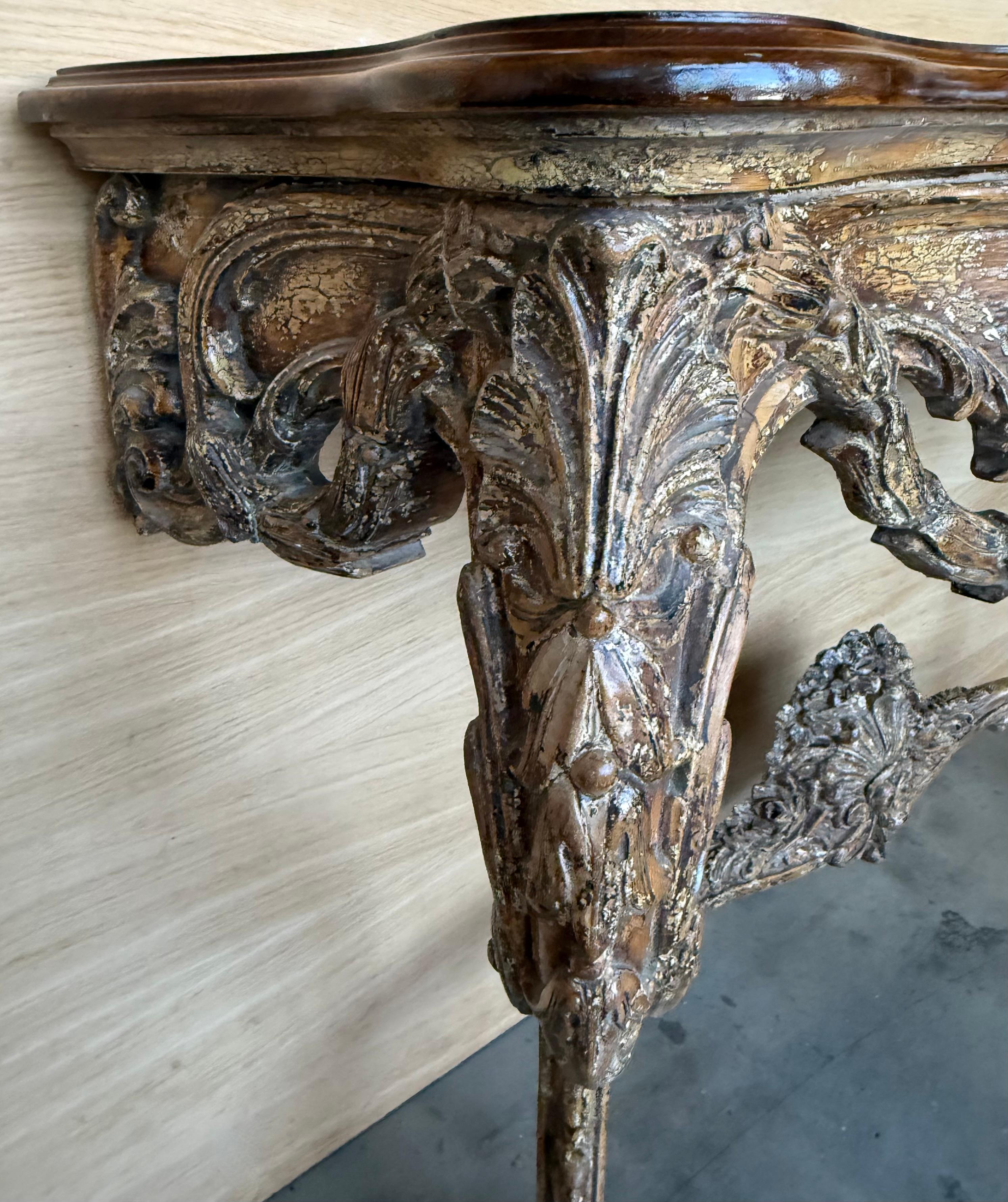 French Louis XIV Style Carved Painted Wall Mounted Console Table with wood top For Sale 4