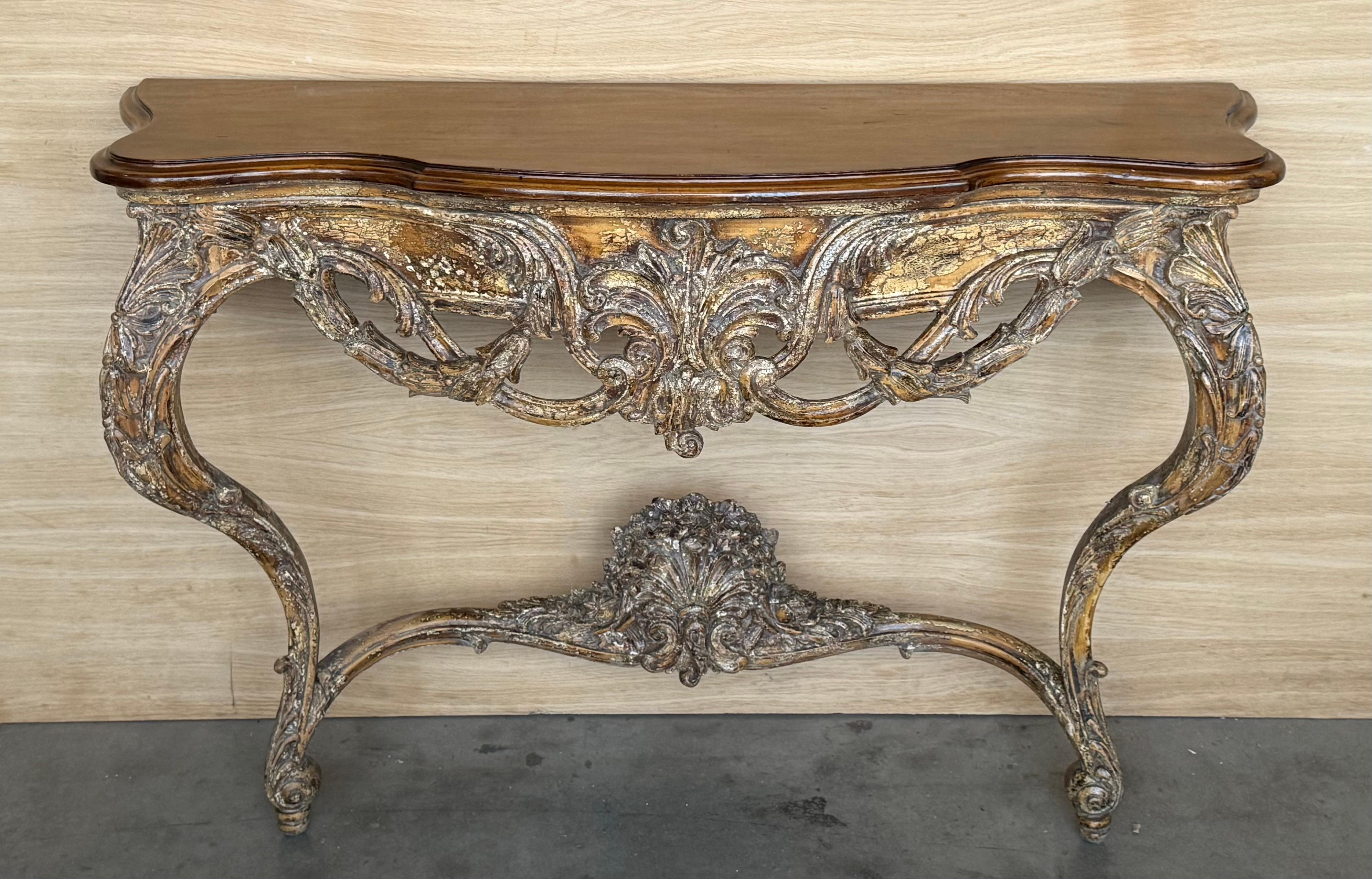 Louis XV French Louis XIV Style Carved Painted Wall Mounted Console Table with wood top For Sale