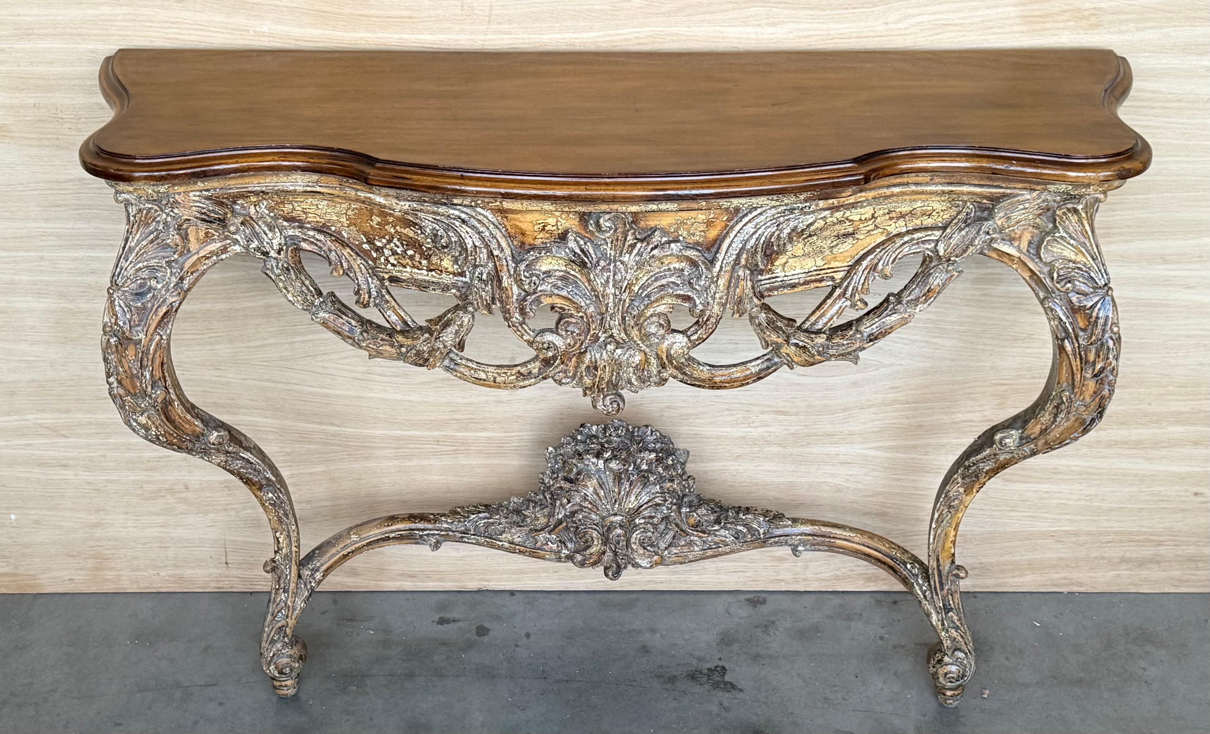 Hand-Carved French Louis XIV Style Carved Painted Wall Mounted Console Table with wood top For Sale