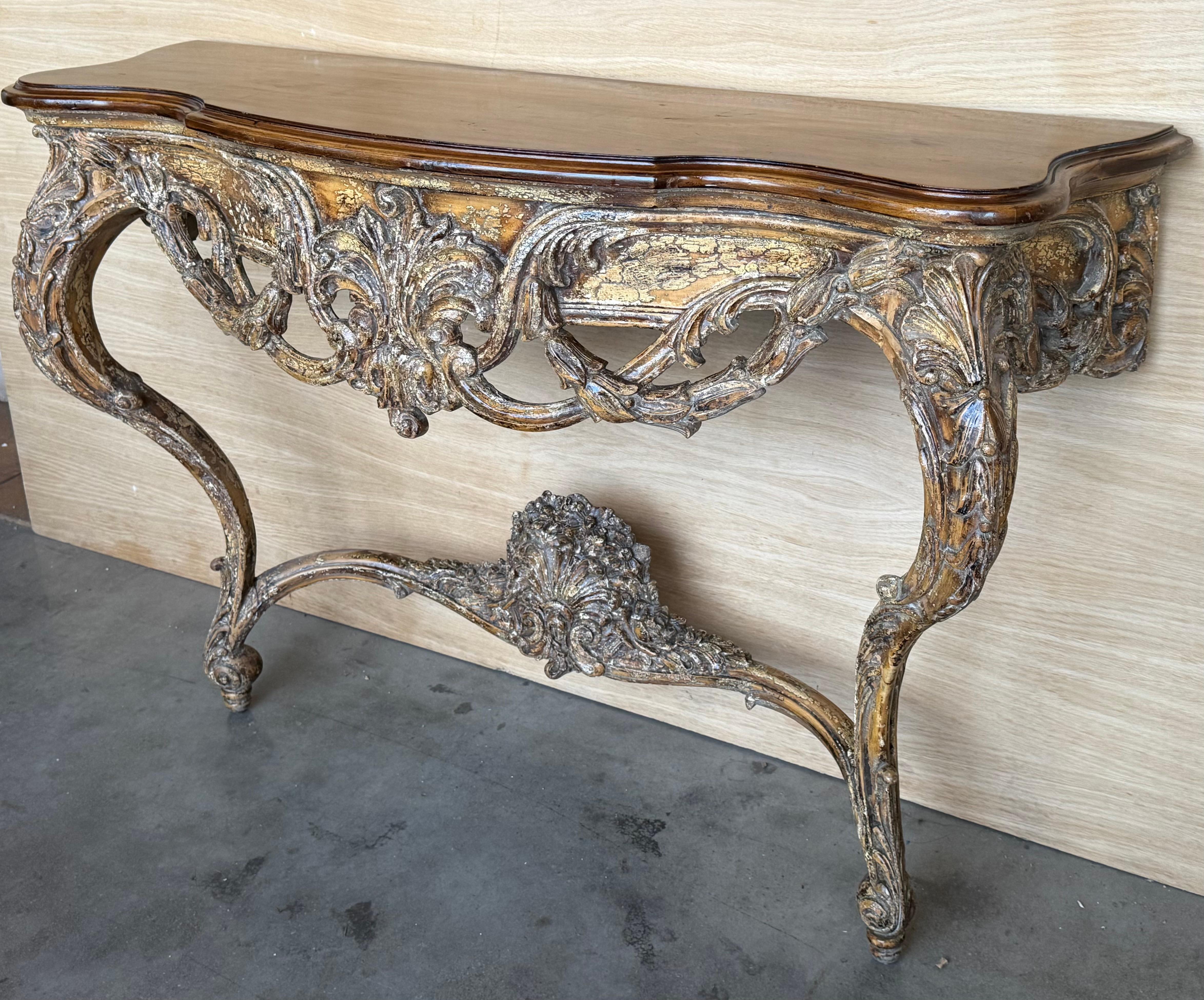 French Louis XIV Style Carved Painted Wall Mounted Console Table with wood top In Good Condition For Sale In Miami, FL