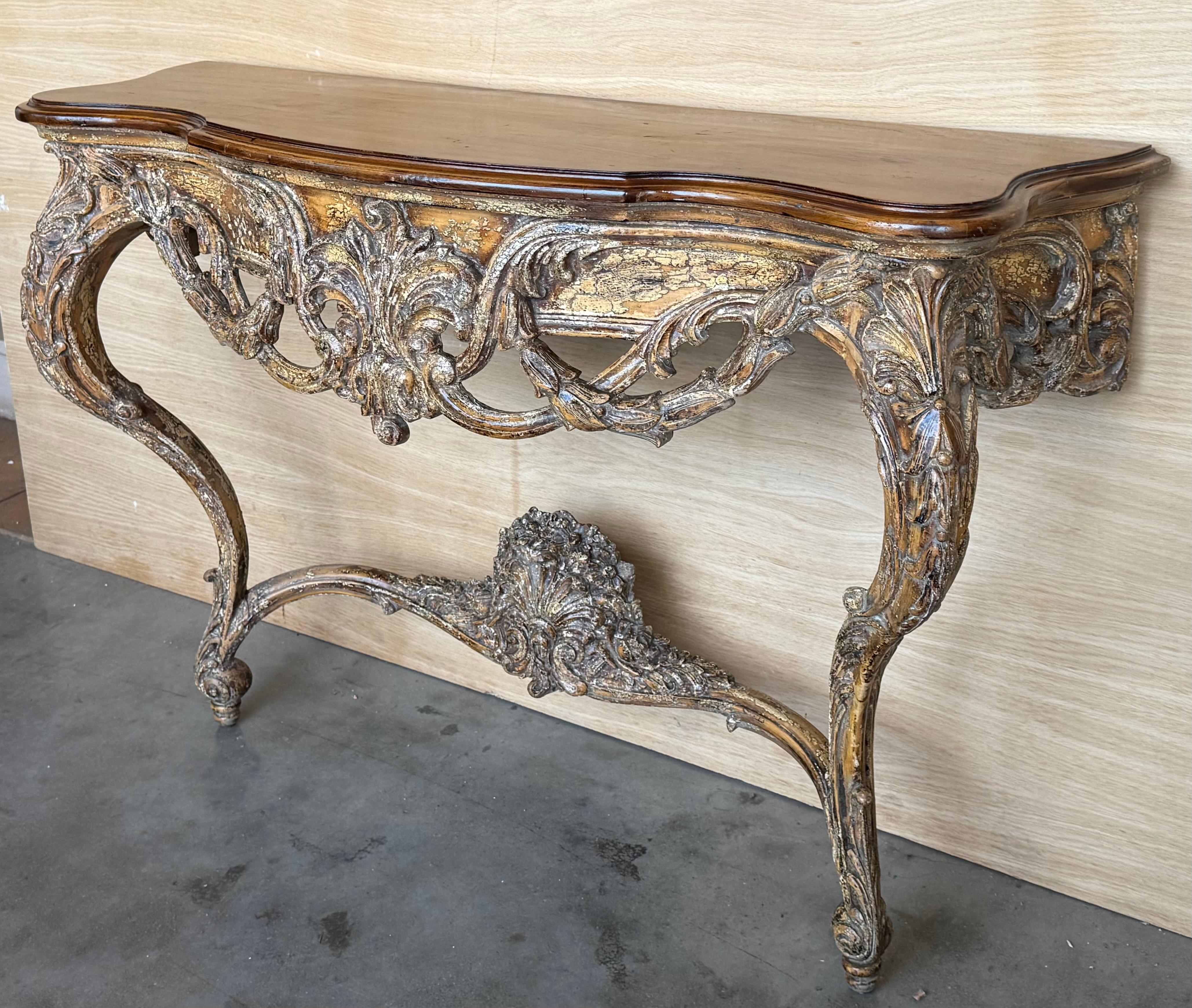 Late 19th Century French Louis XIV Style Carved Painted Wall Mounted Console Table with wood top For Sale