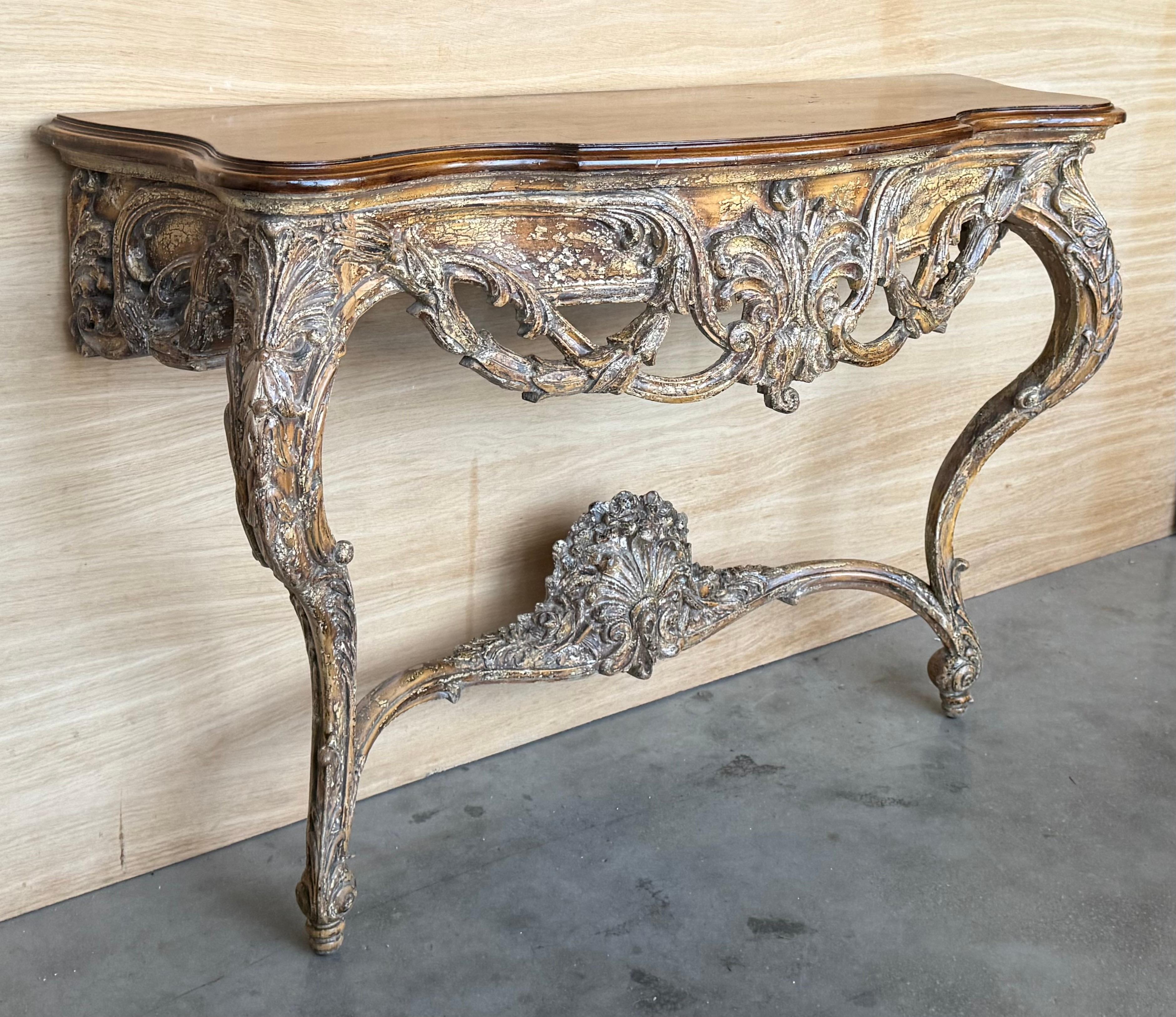 Walnut French Louis XIV Style Carved Painted Wall Mounted Console Table with wood top For Sale