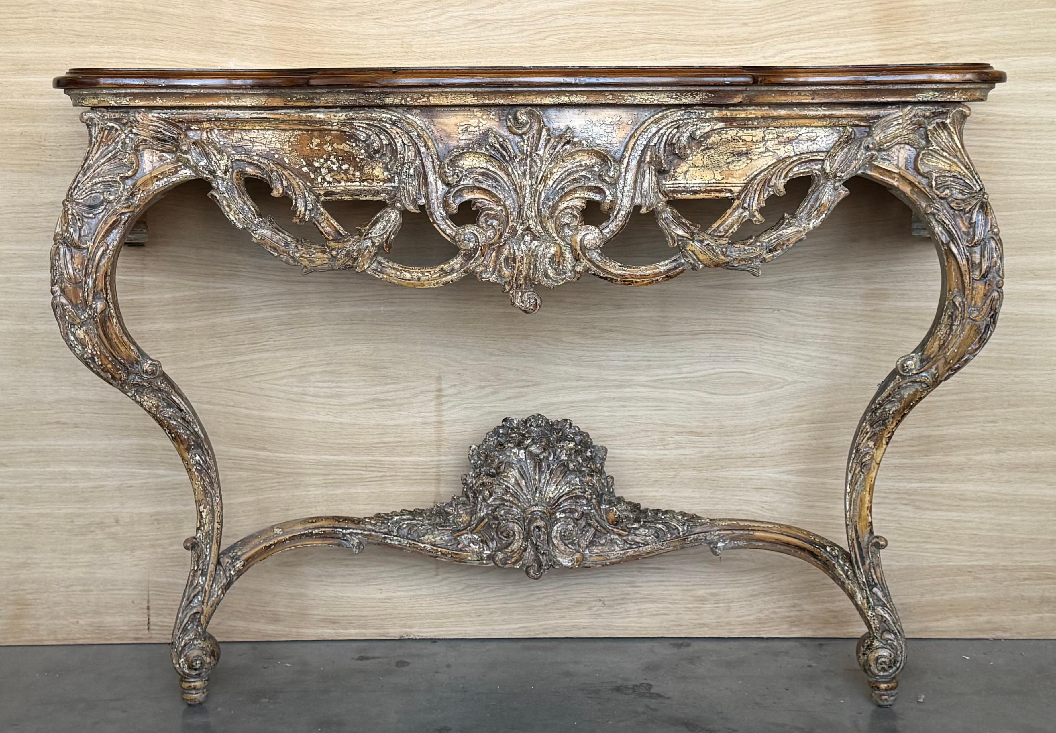 French Louis XIV Style Carved Painted Wall Mounted Console Table with wood top For Sale 1
