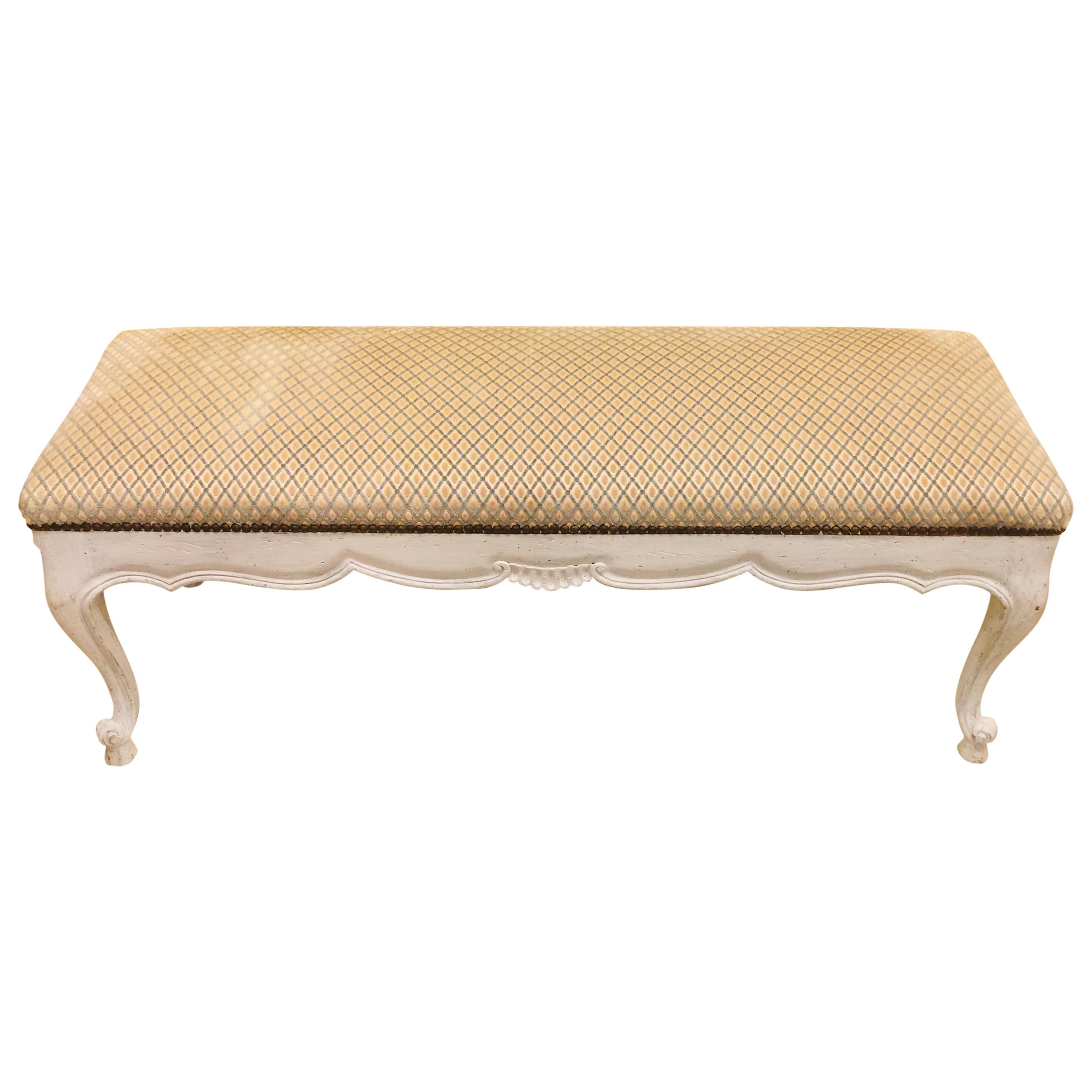 French Louis XIV Style Chalked White Wooden Bench