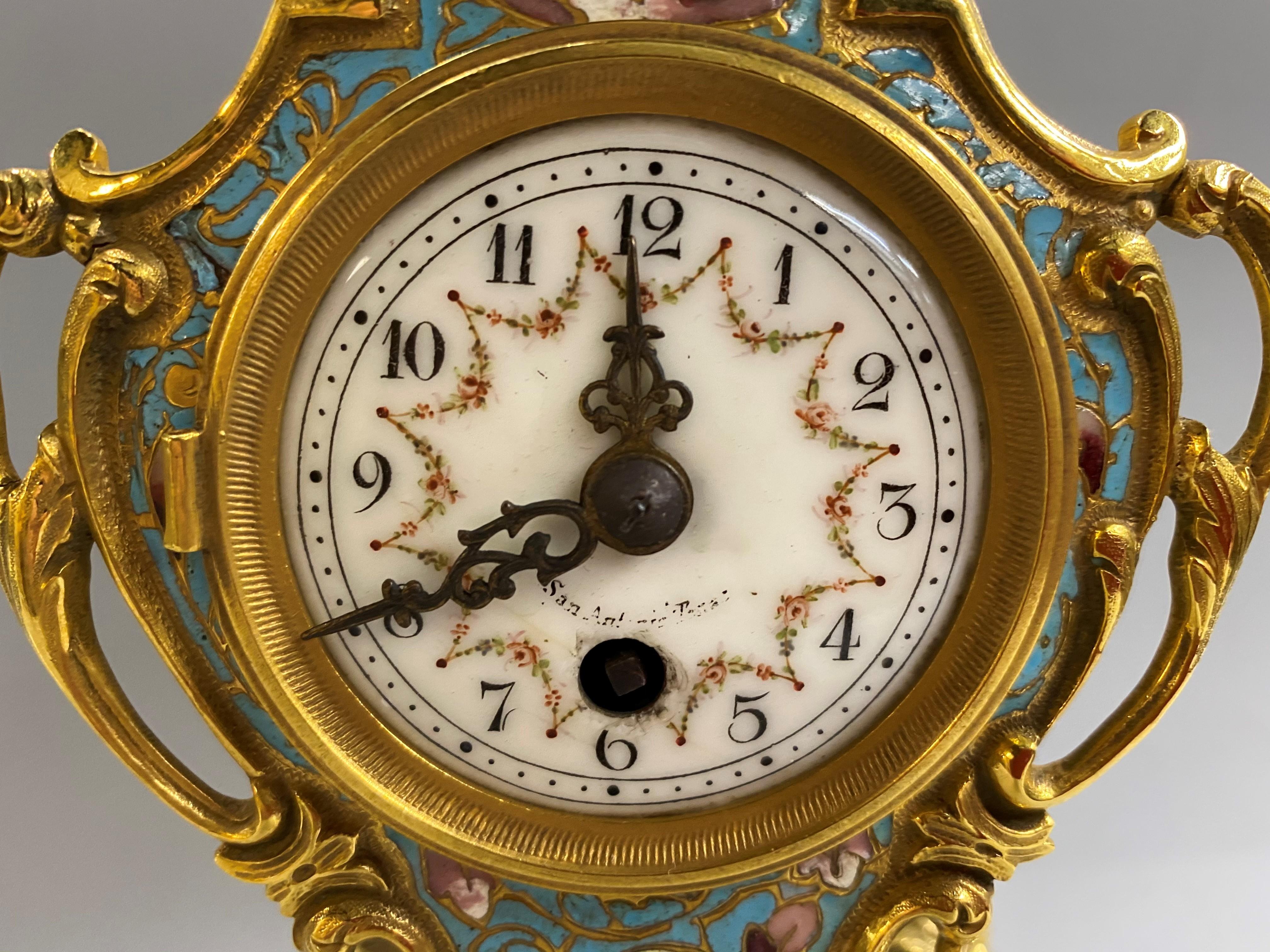 Bronze French Louis XIV Style Champlevé Enamel Mantel Clock, circa 1890