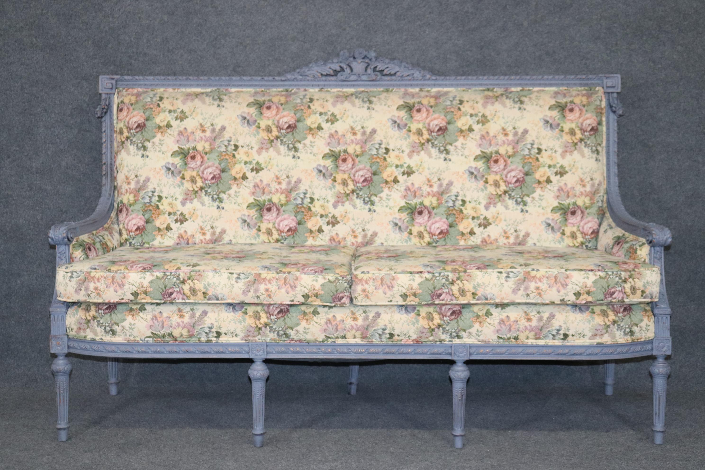 Dimensions- H: 47in W: 74 1/4in D: 30 1/2in SH: 21 1/2in
This is an amazing piece of Louis XIV style furniture the distressed finish looks really cool and and brings character to the piece. This settee is perfect for any living space and will bring