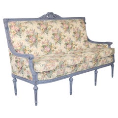 French Louis XIV Style Distressed Paint Decorated Settee With Floral Upholstery