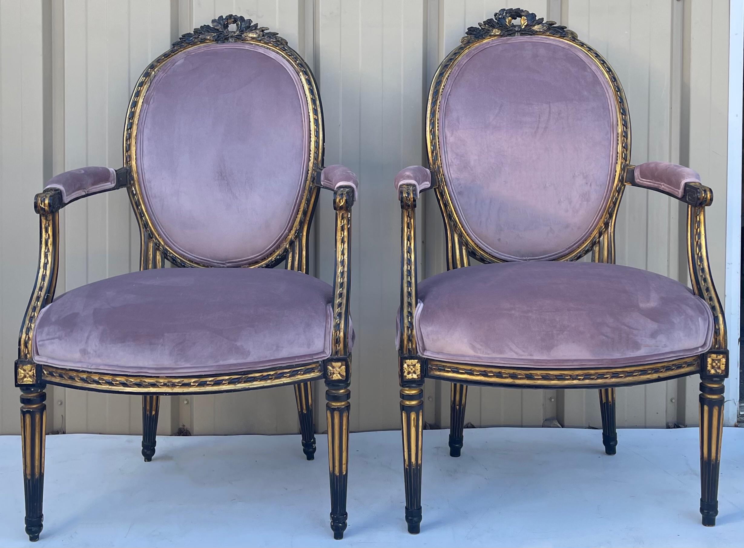 Velvet French Louis XIV Style Ebonized and Parcel-Gilt Bergère Chairs, a Pair For Sale