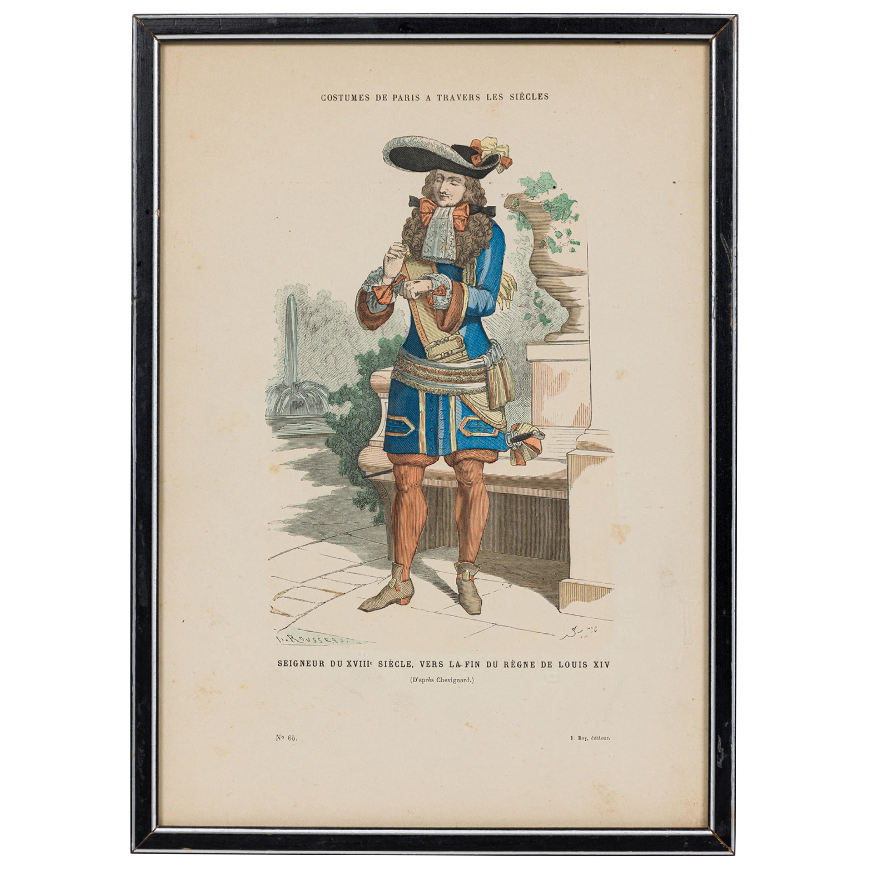 French Louis XIV Style Framed Lithograph of a Lord in Baroque Attire