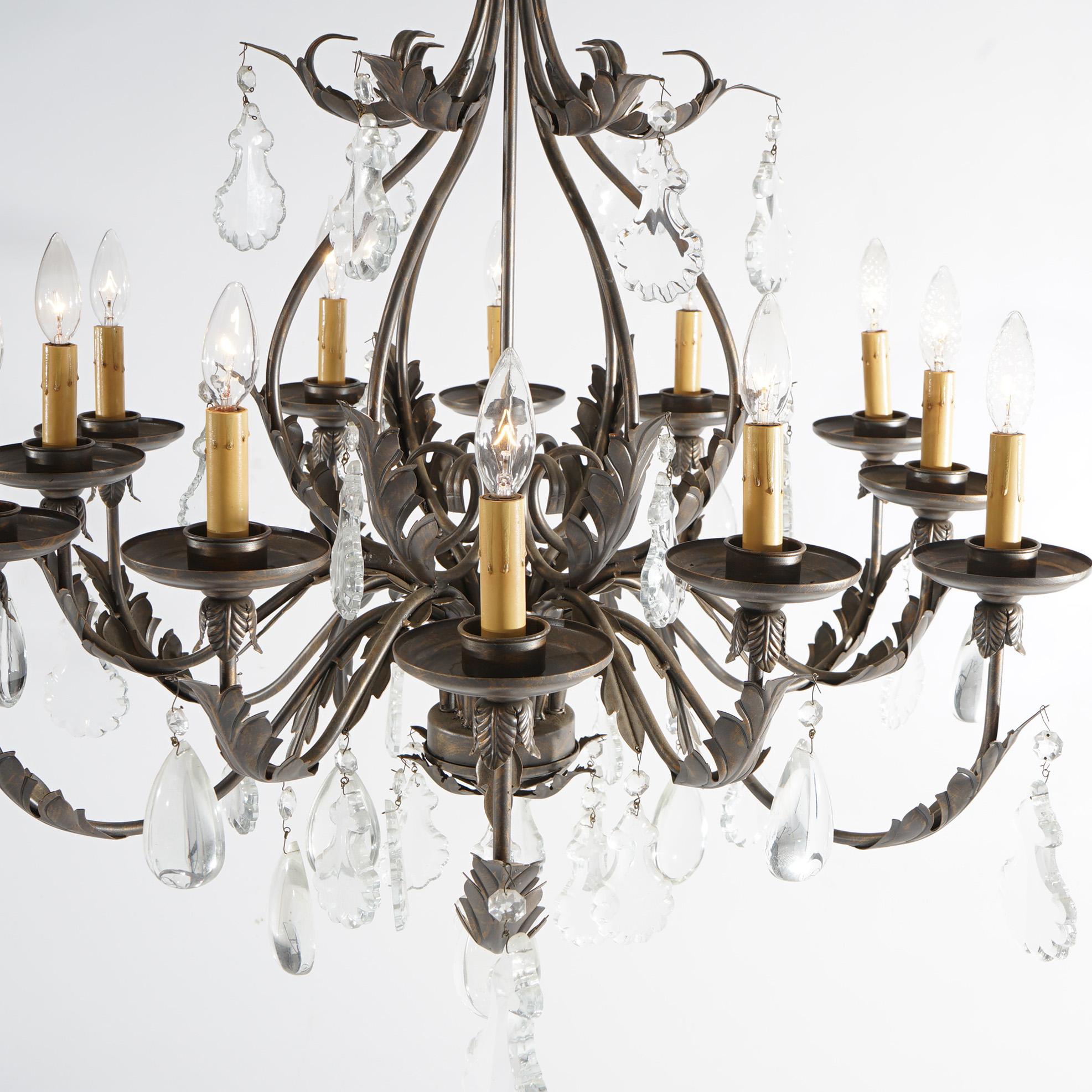 French Louis XIV Style Gilt Metal & Crystal Chandelier 20th C In Good Condition In Big Flats, NY