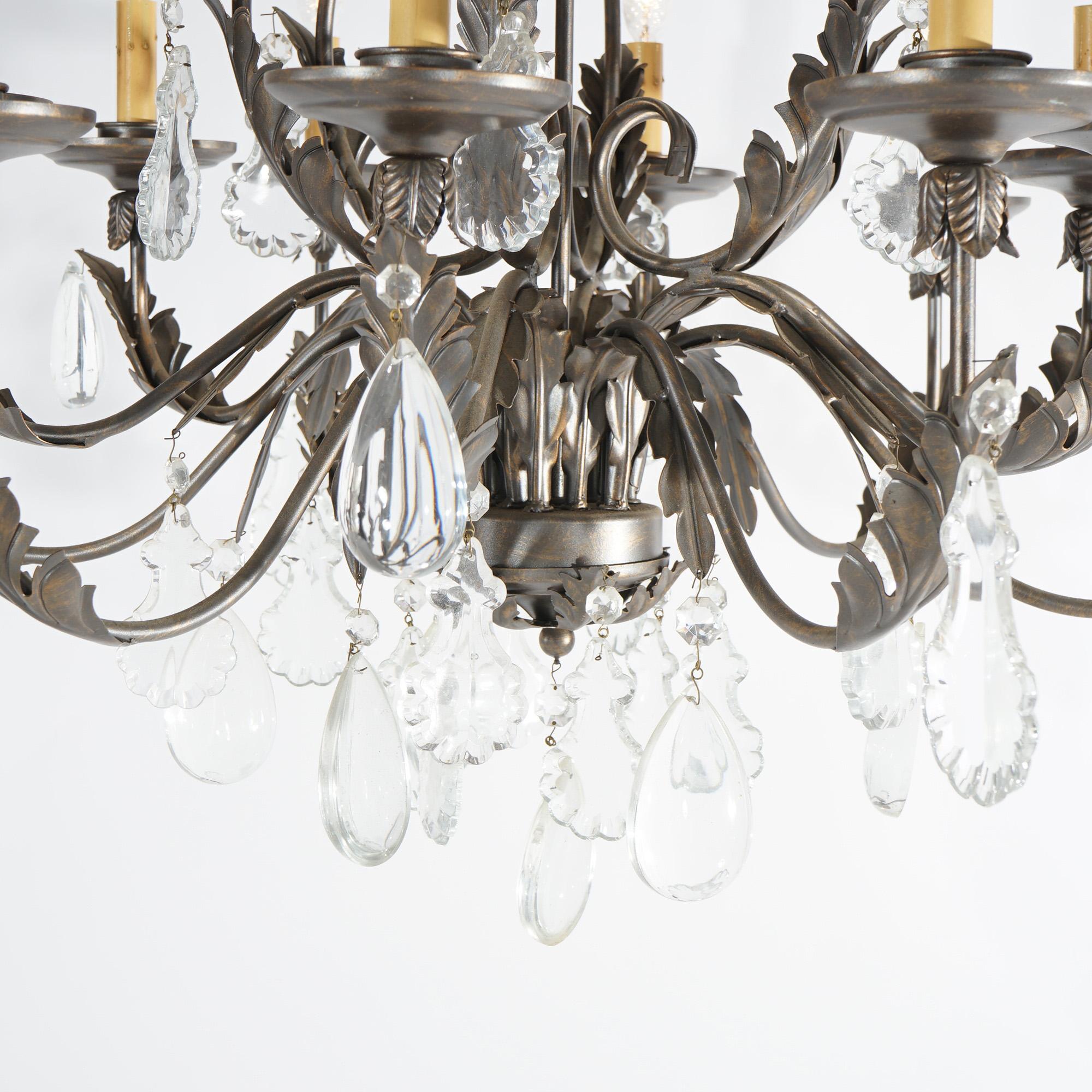 French Louis XIV Style Gilt Metal & Crystal Foliate Form Chandelier 20th C In Good Condition In Big Flats, NY