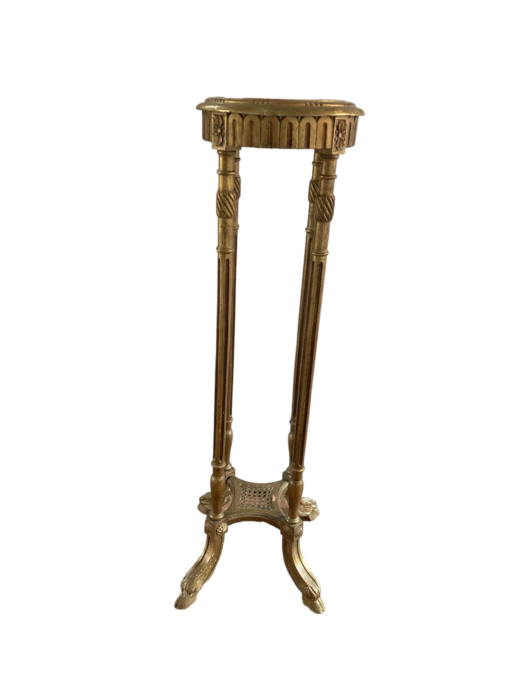Rococo French Louis XIV Style, giltwood marble top pedestal with decorative details For Sale