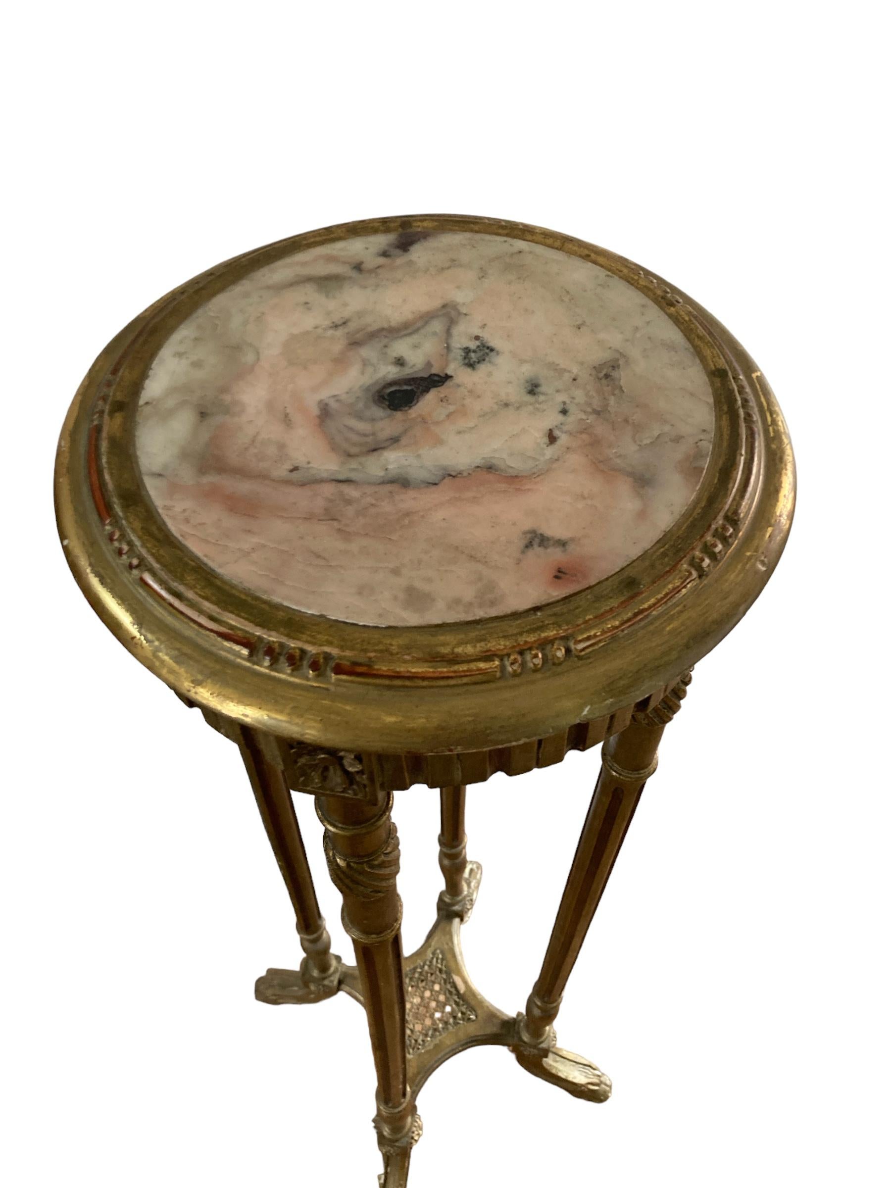 Marble French Louis XIV Style, giltwood marble top pedestal with decorative details For Sale