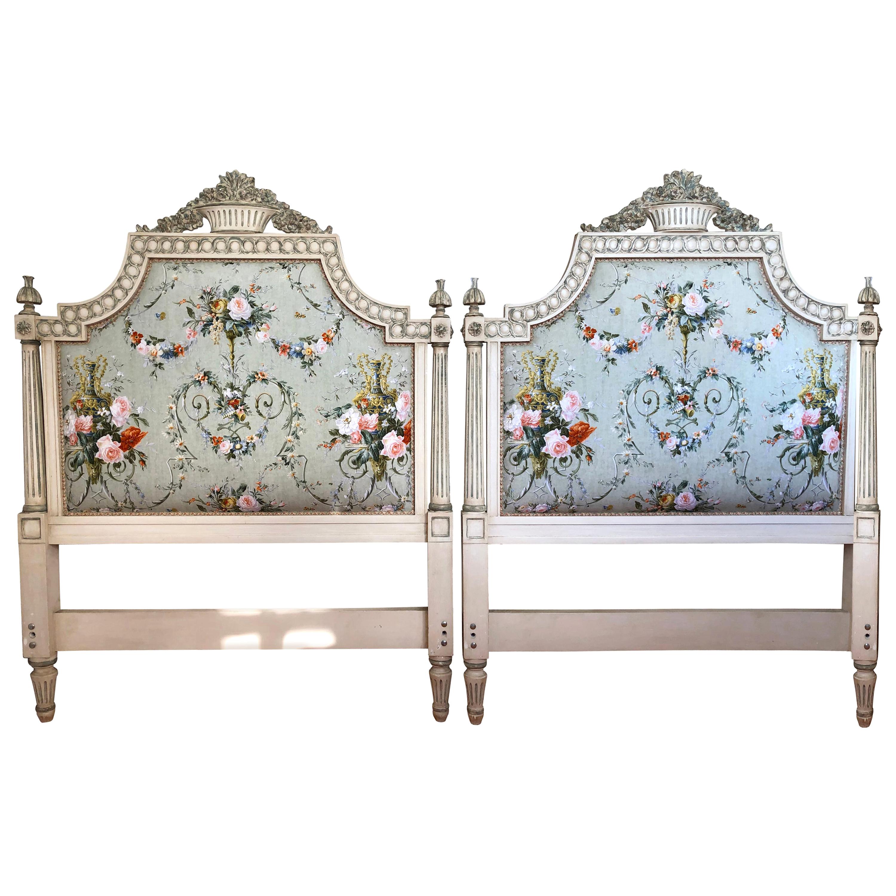 French Louis XIV Style Grey Painted Carved King Headboard