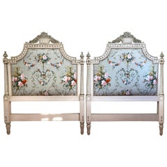 Vintage French Louis XIV Style Grey Painted Carved King Headboard