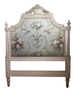 French Louis XIV Style Grey Painted Carved King Headboard