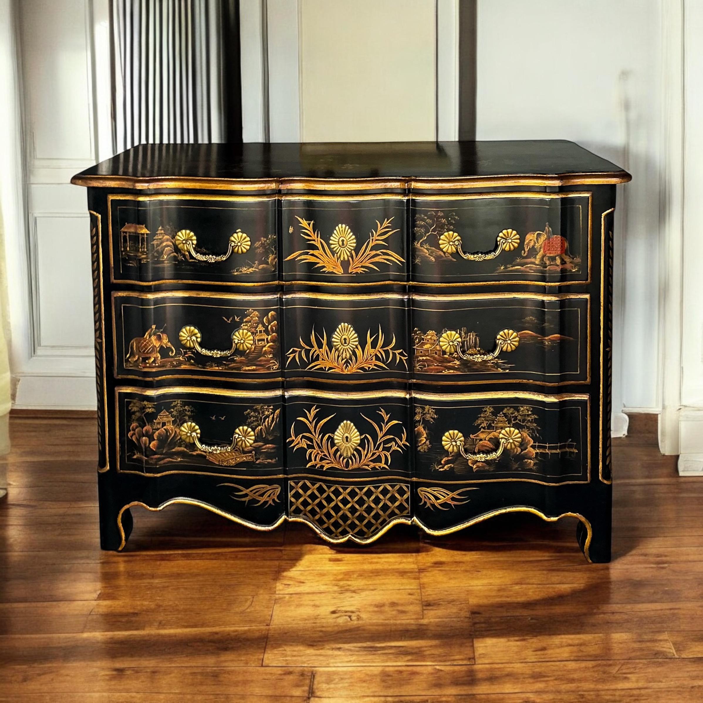 Commode française de style Louis XIV peinte à la main en laque noire Bon état à Kennesaw, GA