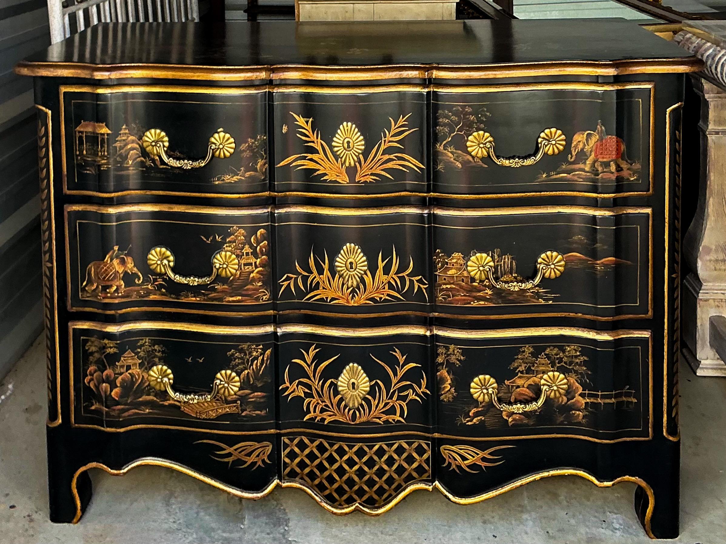 Commode française de style Louis XIV peinte à la main en laque noire 2