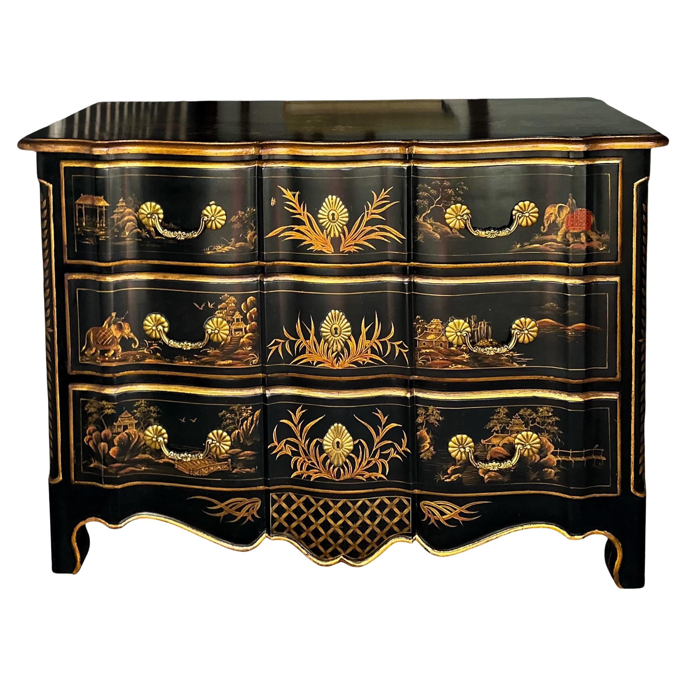 Cassapanca / Commode francese in stile Luigi XIV dipinta a mano con lacca nera