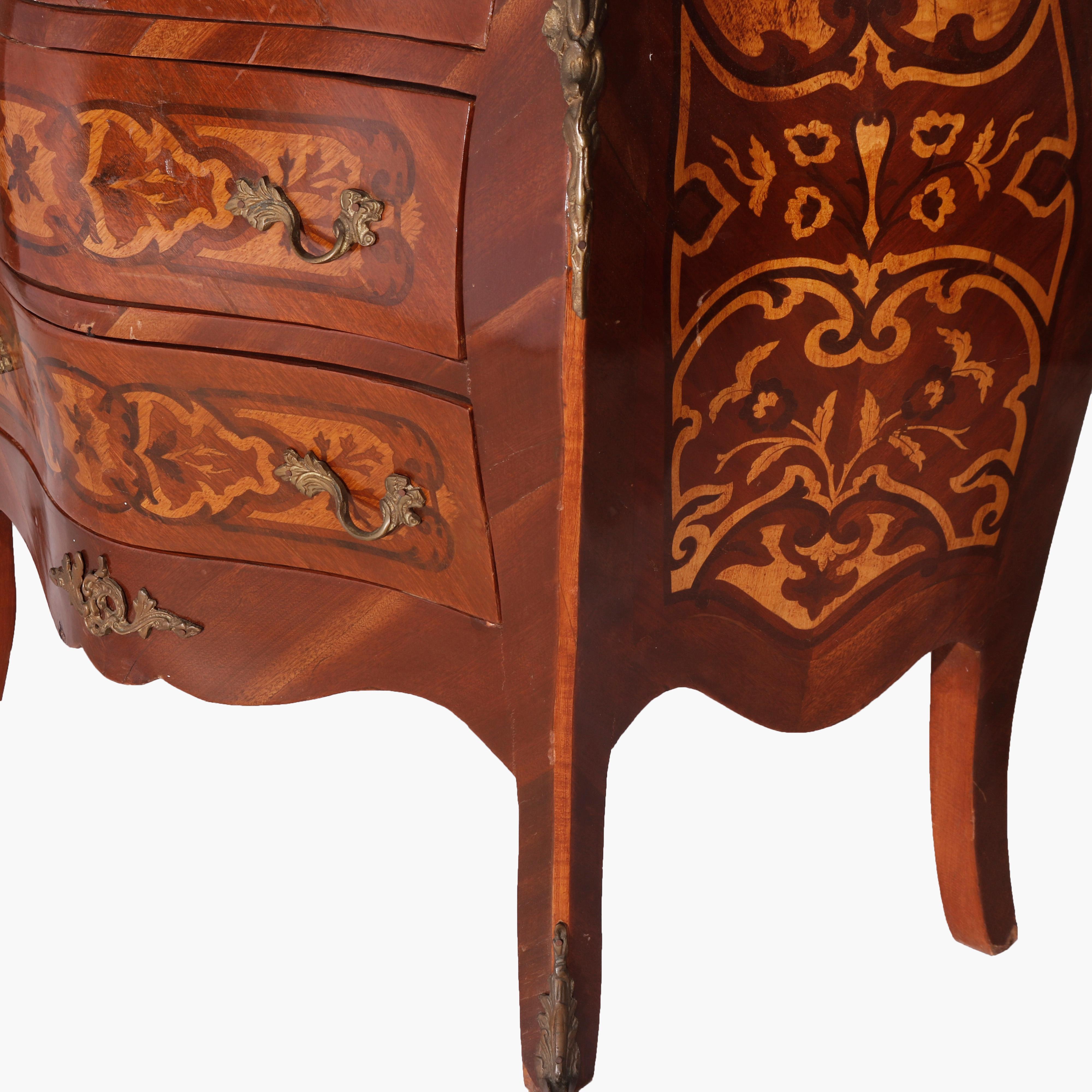 French Louis XIV Style Kingwood, Satinwood Marquetry, Marble & Ormolu, 20th C In Good Condition For Sale In Big Flats, NY