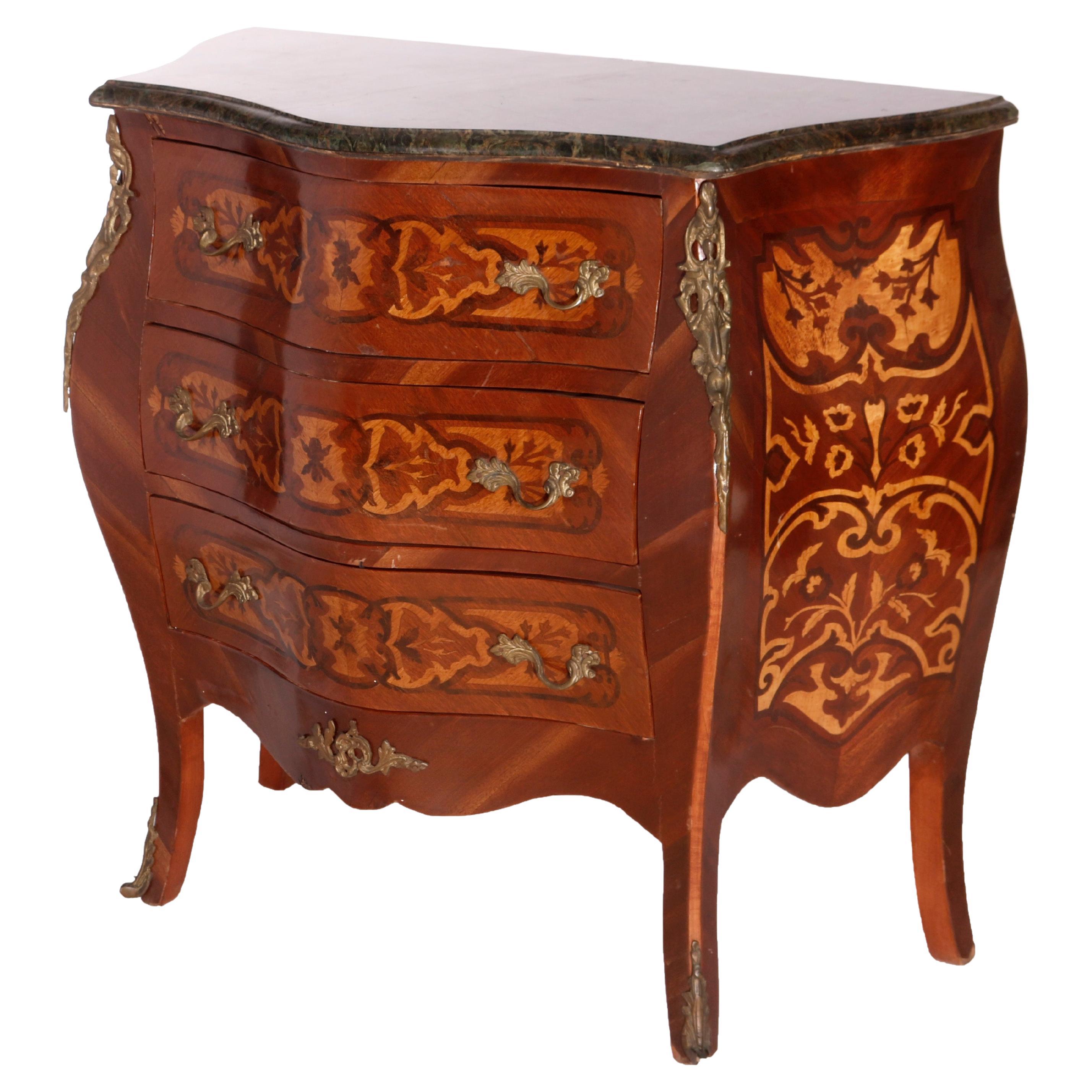 French Louis XIV Style Kingwood, Satinwood Marquetry, Marble & Ormolu, 20th C For Sale