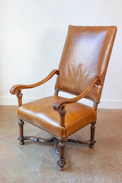French Louis XIV Style Late 19th Century Beech Fauteuil with Leather Upholstery