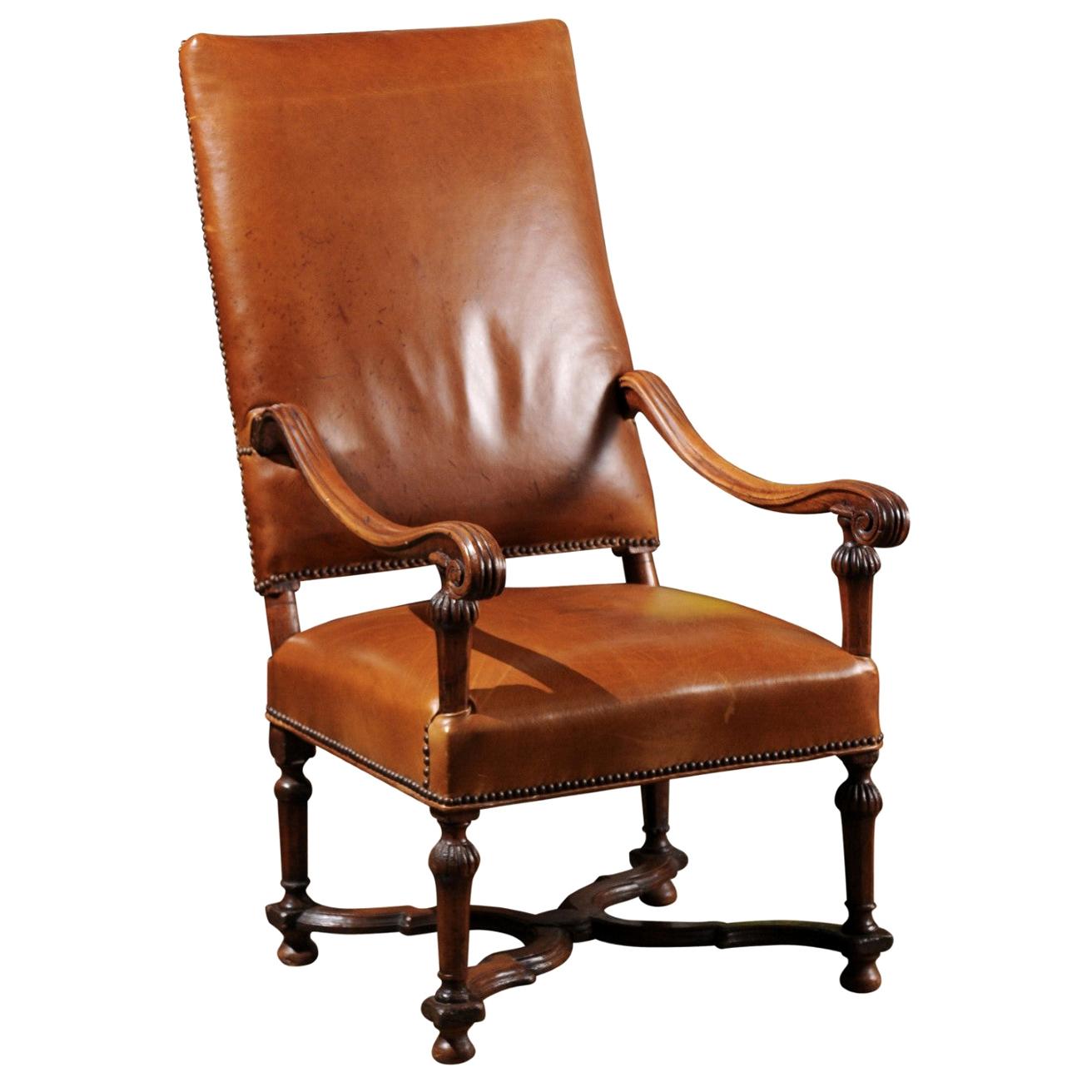 French Louis XIV Style Late 19th Century Beech Fauteuil with Leather Upholstery