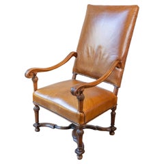 French Louis XIV Style Late 19th Century Beech Fauteuil with Leather Upholstery