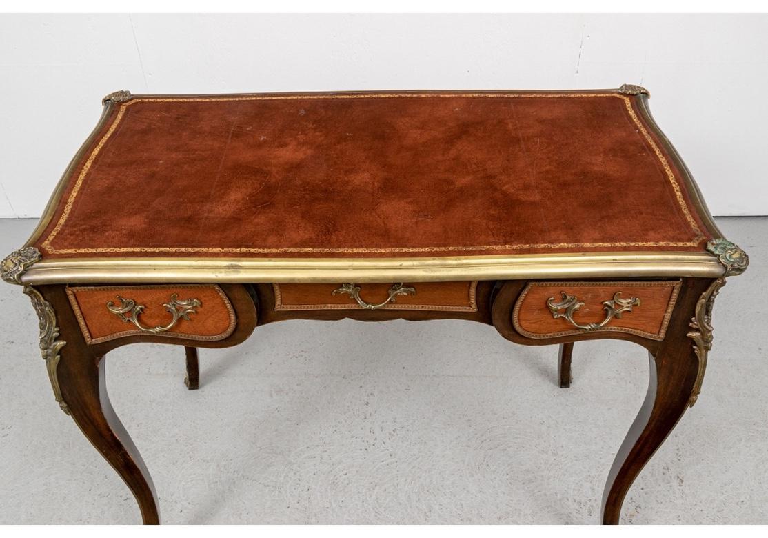 Embossed French Louis XIV Style Leather Top Desk with Brass Mounts For Sale