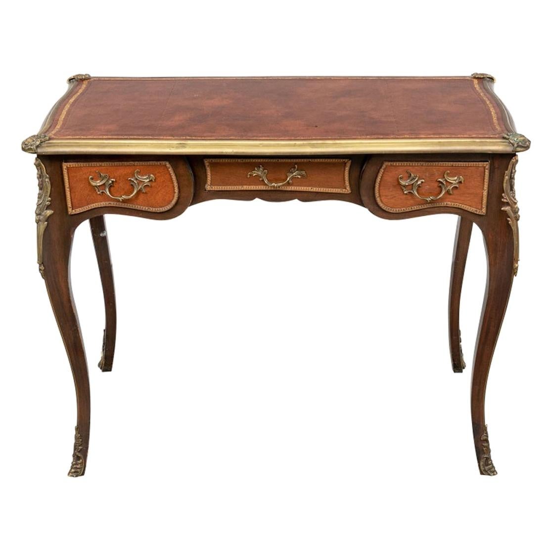 French Louis XIV Style Leather Top Desk with Brass Mounts
