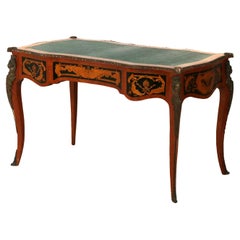 French Louis XIV Style Mahogany & Figural Ormolu Leather Top Three-Drawer Desk