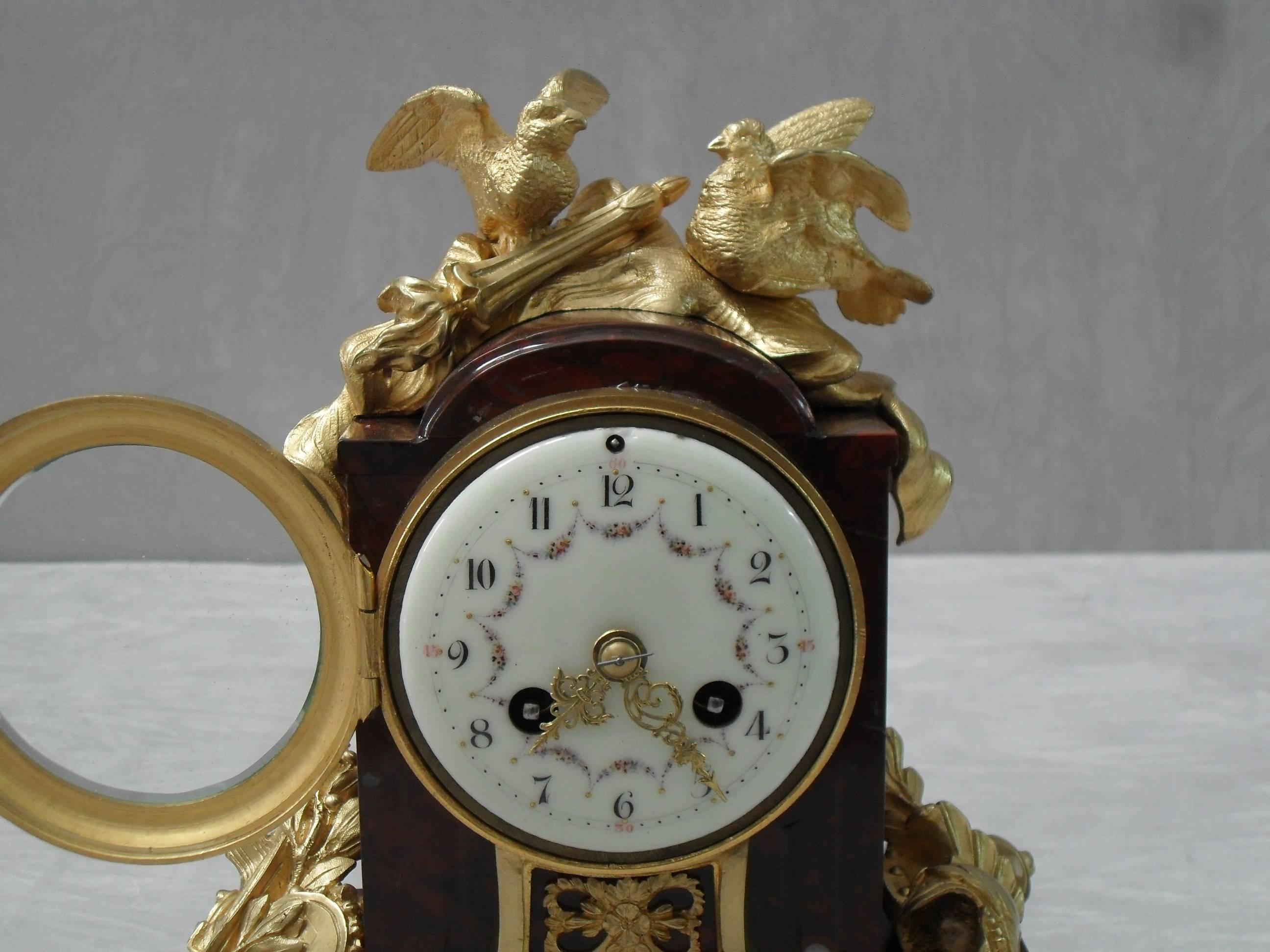 French Louis XIV Style Marble and Bronze Gilt Clock Set with Candelabra In Good Condition In Macclesfield, GB