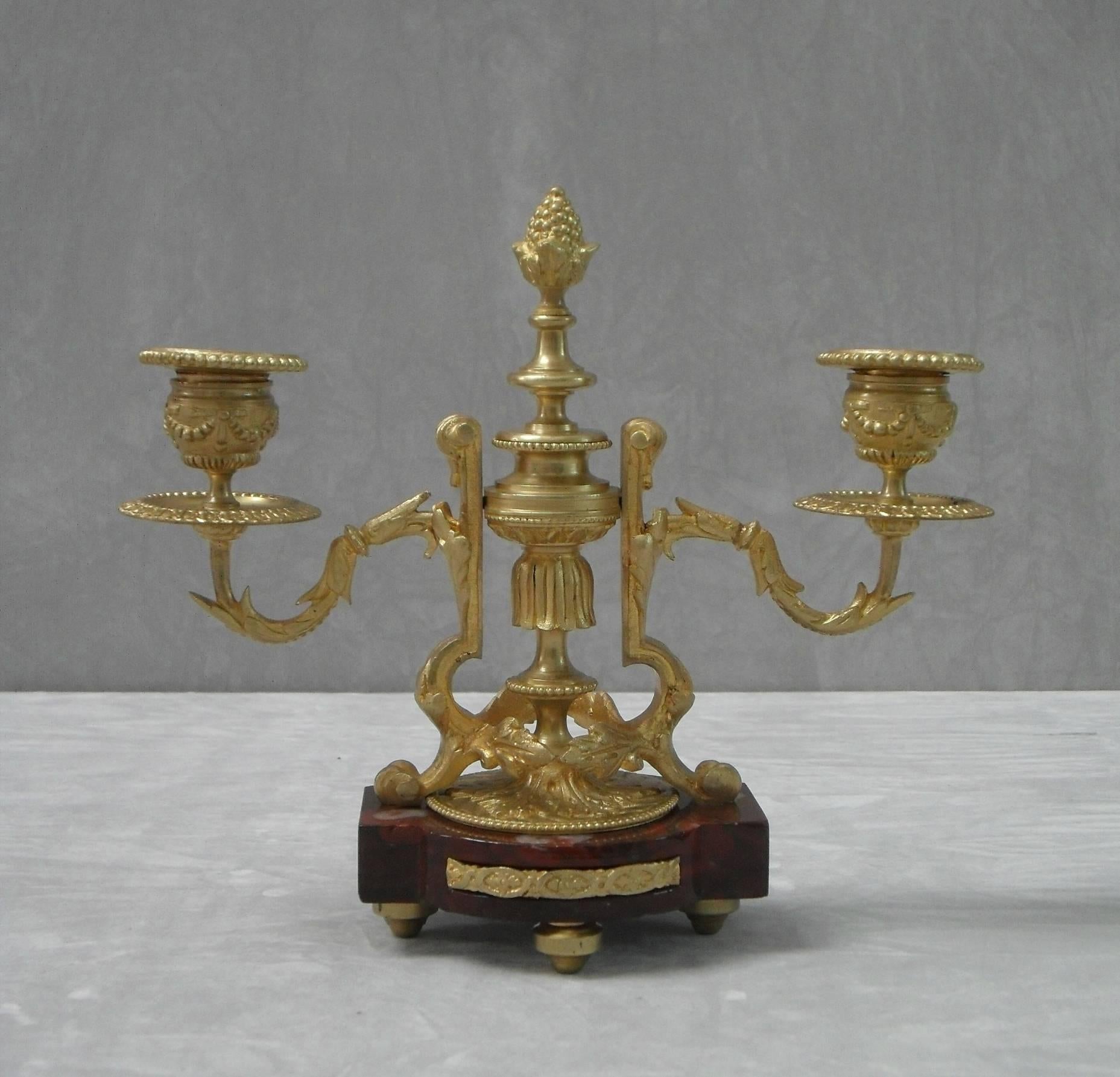 French Louis XIV Style Marble and Bronze Gilt Clock Set with Candelabra 4