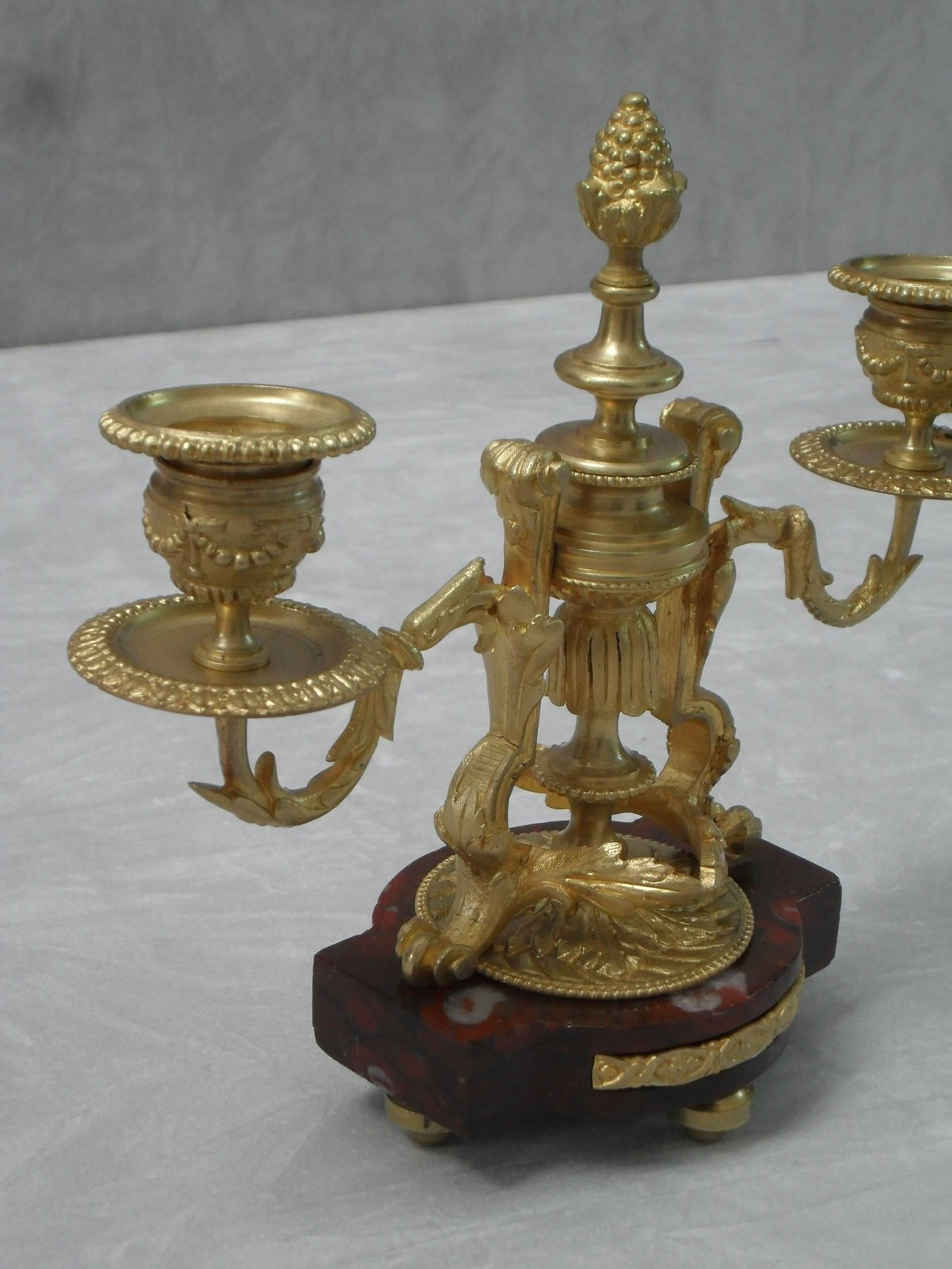 French Louis XIV Style Marble and Bronze Gilt Clock Set with Candelabra 5