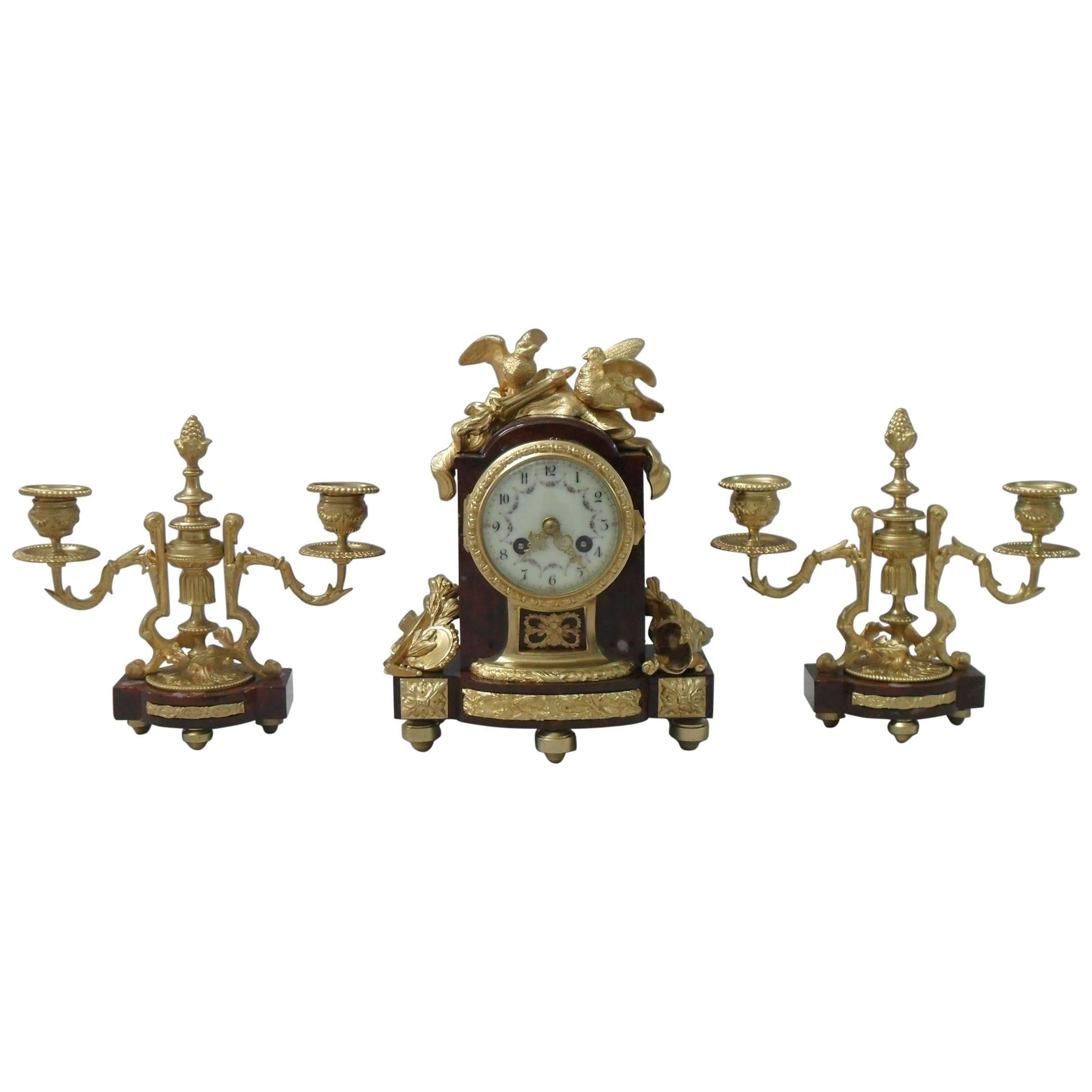 French Louis XIV Style Marble and Bronze Gilt Clock Set with Candelabra